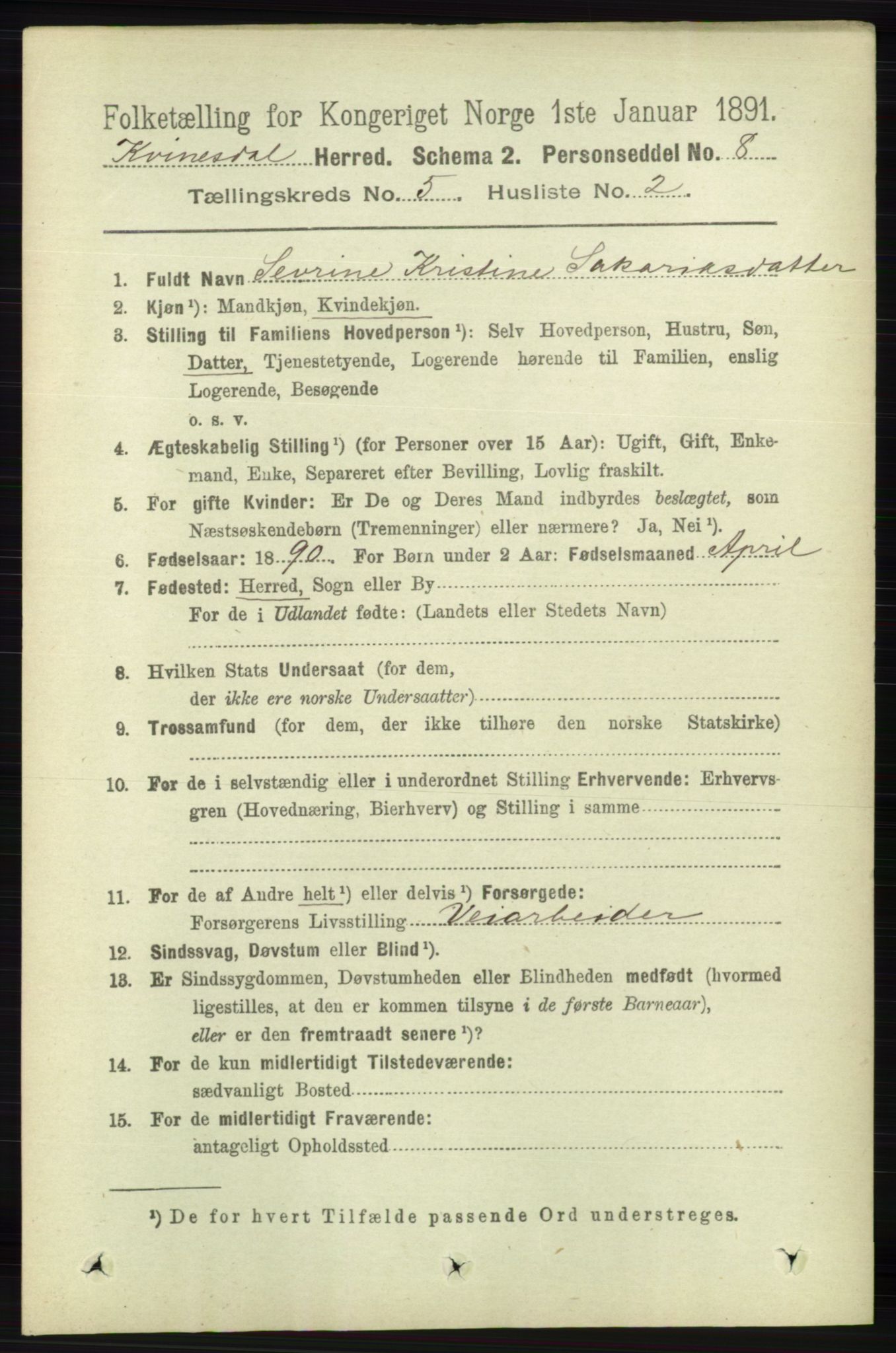 RA, 1891 census for 1037 Kvinesdal, 1891, p. 1710