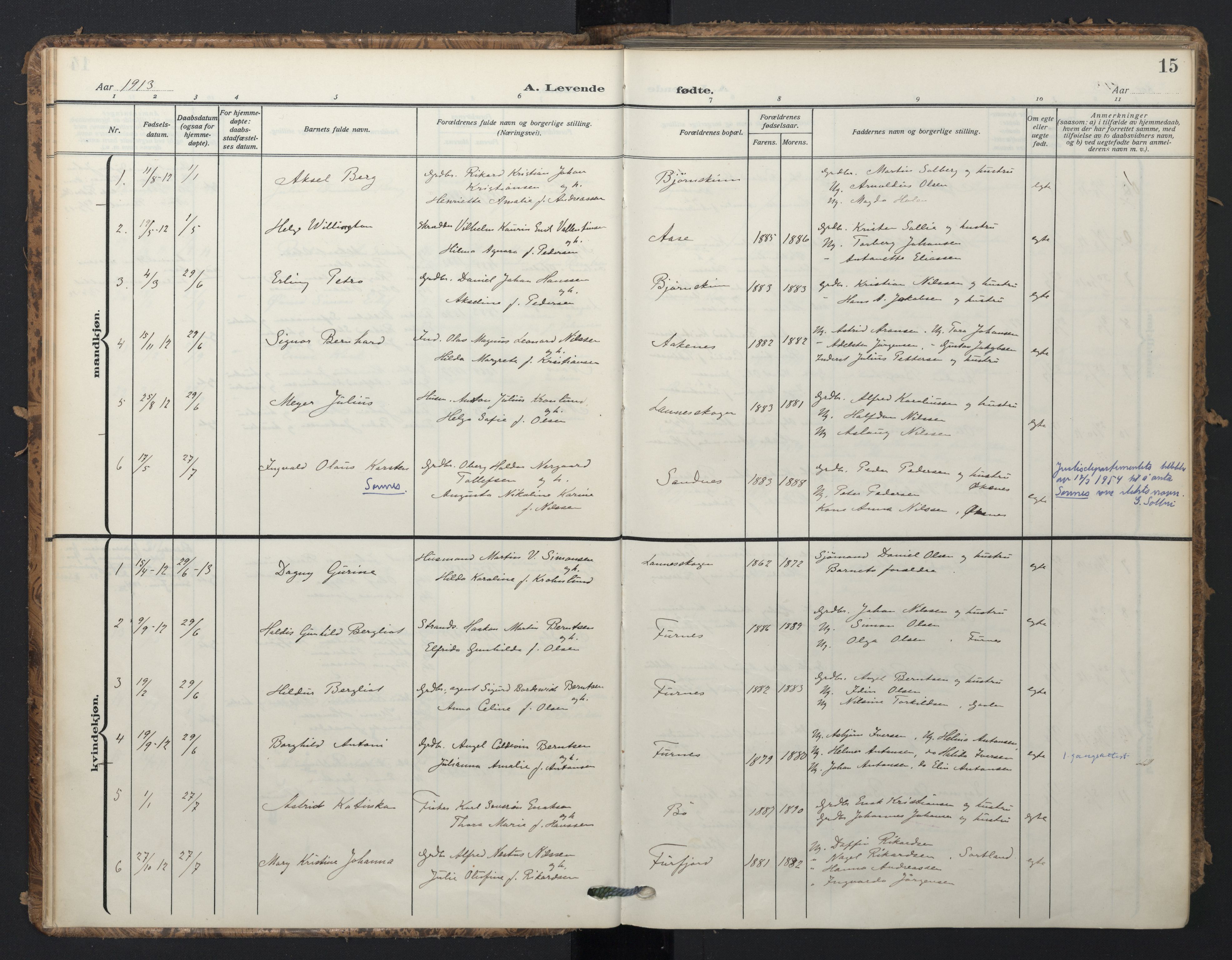Ministerialprotokoller, klokkerbøker og fødselsregistre - Nordland, SAT/A-1459/898/L1423: Parish register (official) no. 898A03, 1909-1928, p. 15