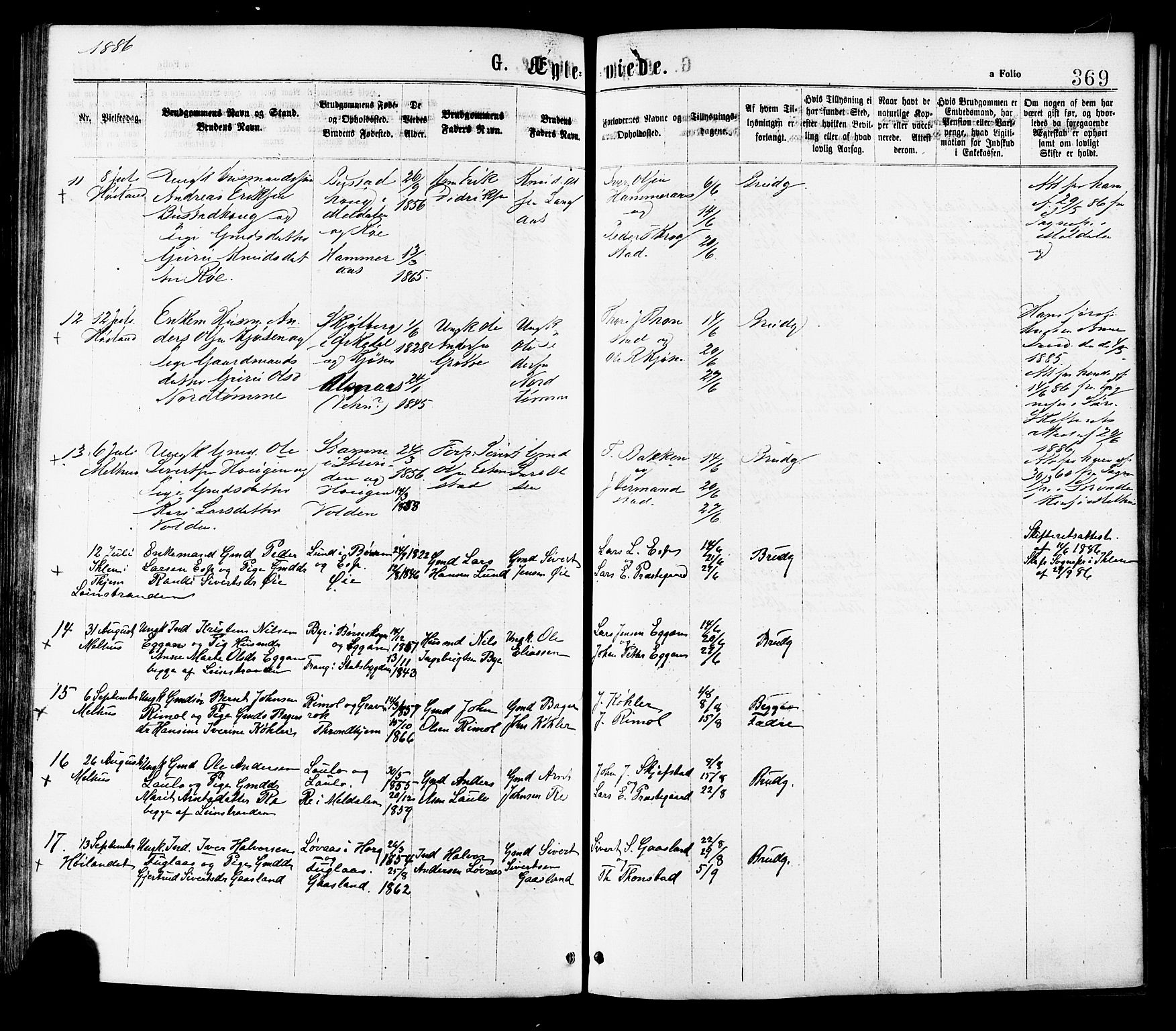 Ministerialprotokoller, klokkerbøker og fødselsregistre - Sør-Trøndelag, AV/SAT-A-1456/691/L1079: Parish register (official) no. 691A11, 1873-1886, p. 369