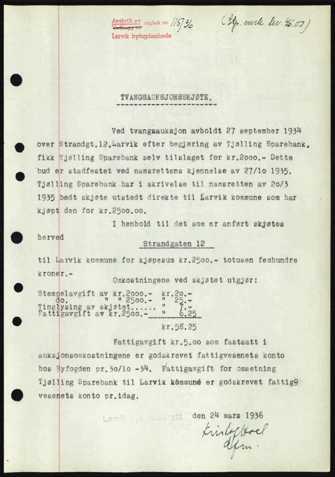 Larvik sorenskriveri, SAKO/A-83/G/Ga/Gab/L0067: Mortgage book no. A-1, 1936-1937, Diary no: : 115/1936