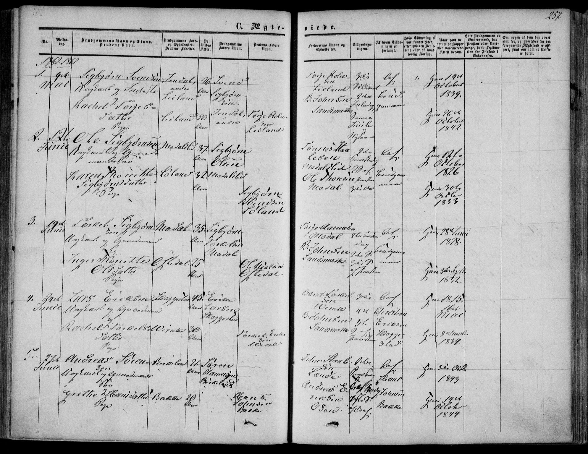 Bakke sokneprestkontor, SAK/1111-0002/F/Fa/Faa/L0006: Parish register (official) no. A 6, 1855-1877, p. 257