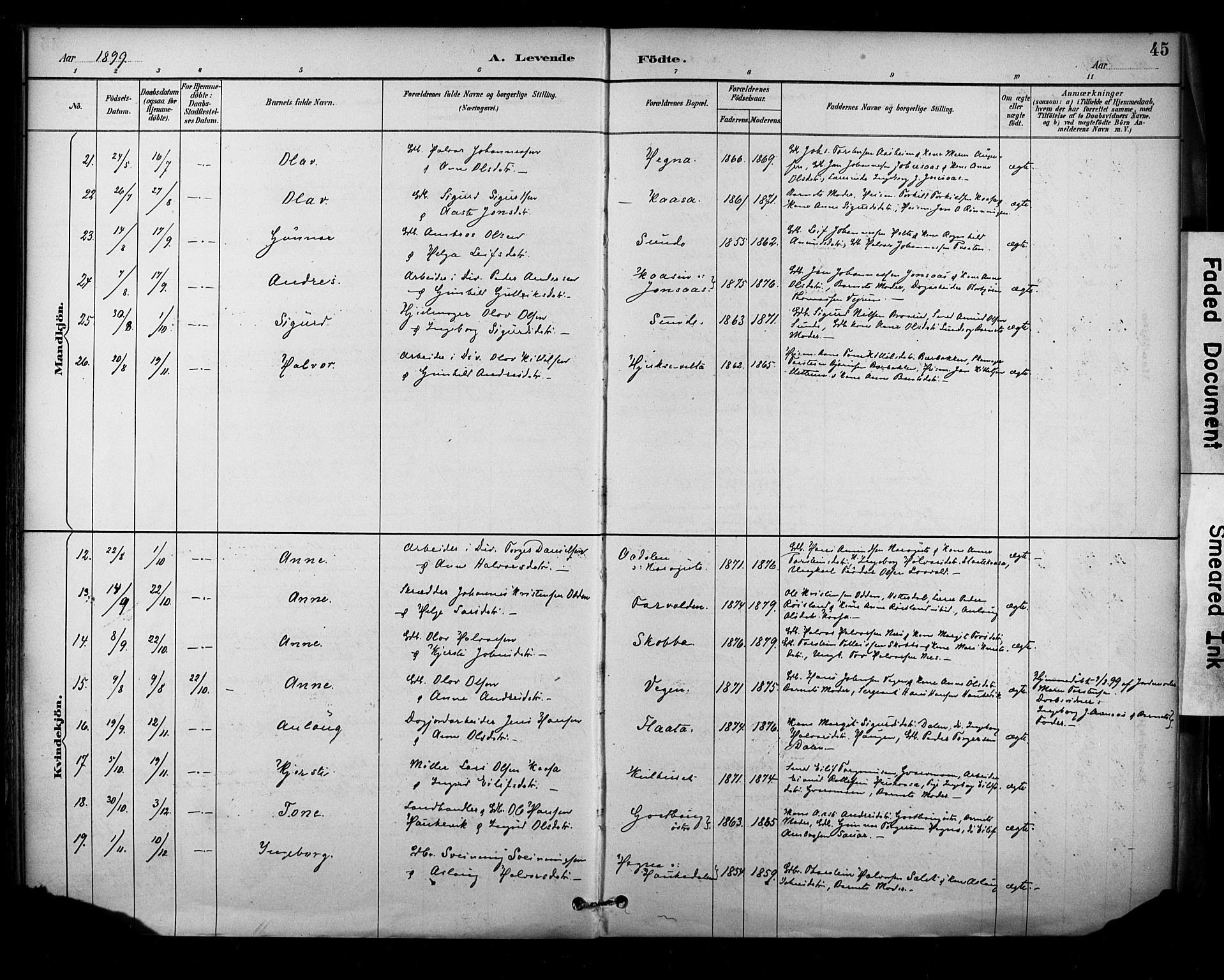 Sauherad kirkebøker, AV/SAKO-A-298/F/Fa/L0009: Parish register (official) no. I 9, 1887-1912, p. 45