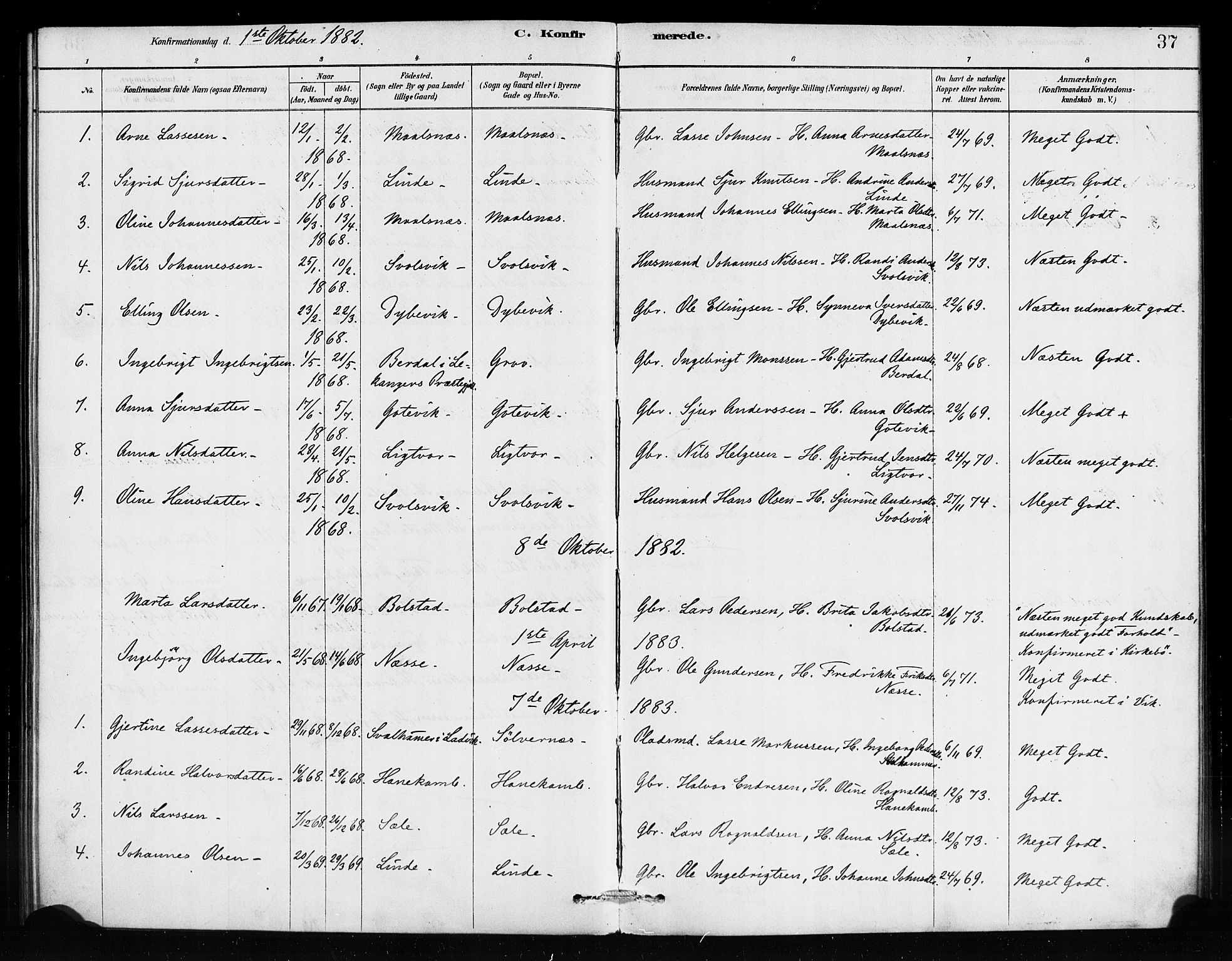 Vik sokneprestembete, AV/SAB-A-81501/H/Haa/Haad/L0001: Parish register (official) no. D 1, 1878-1890, p. 37