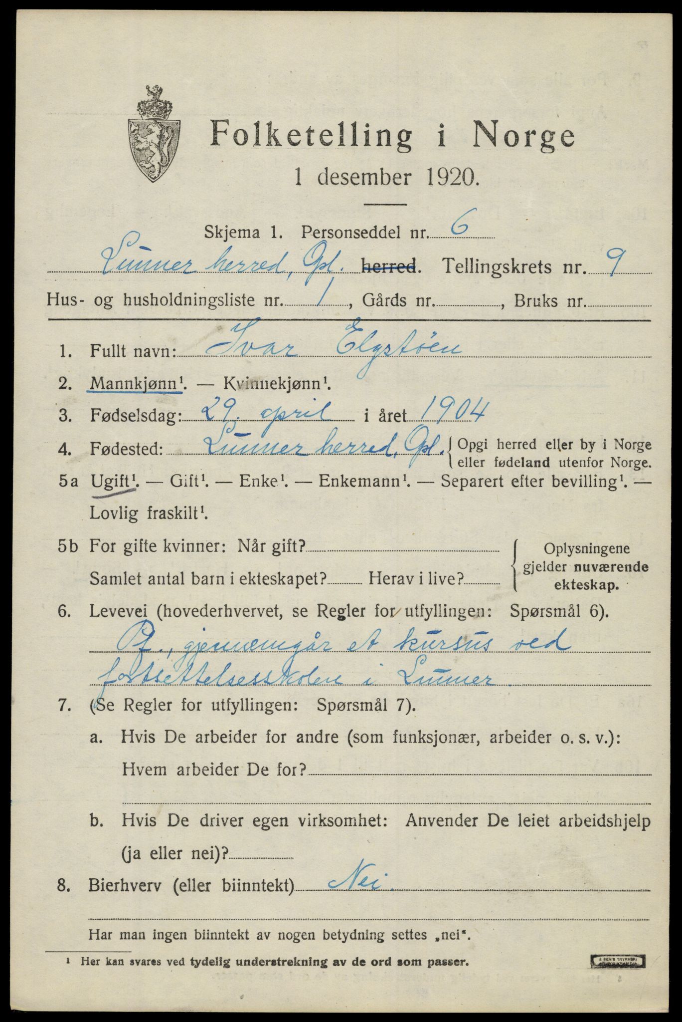 SAH, 1920 census for Lunner, 1920, p. 10351