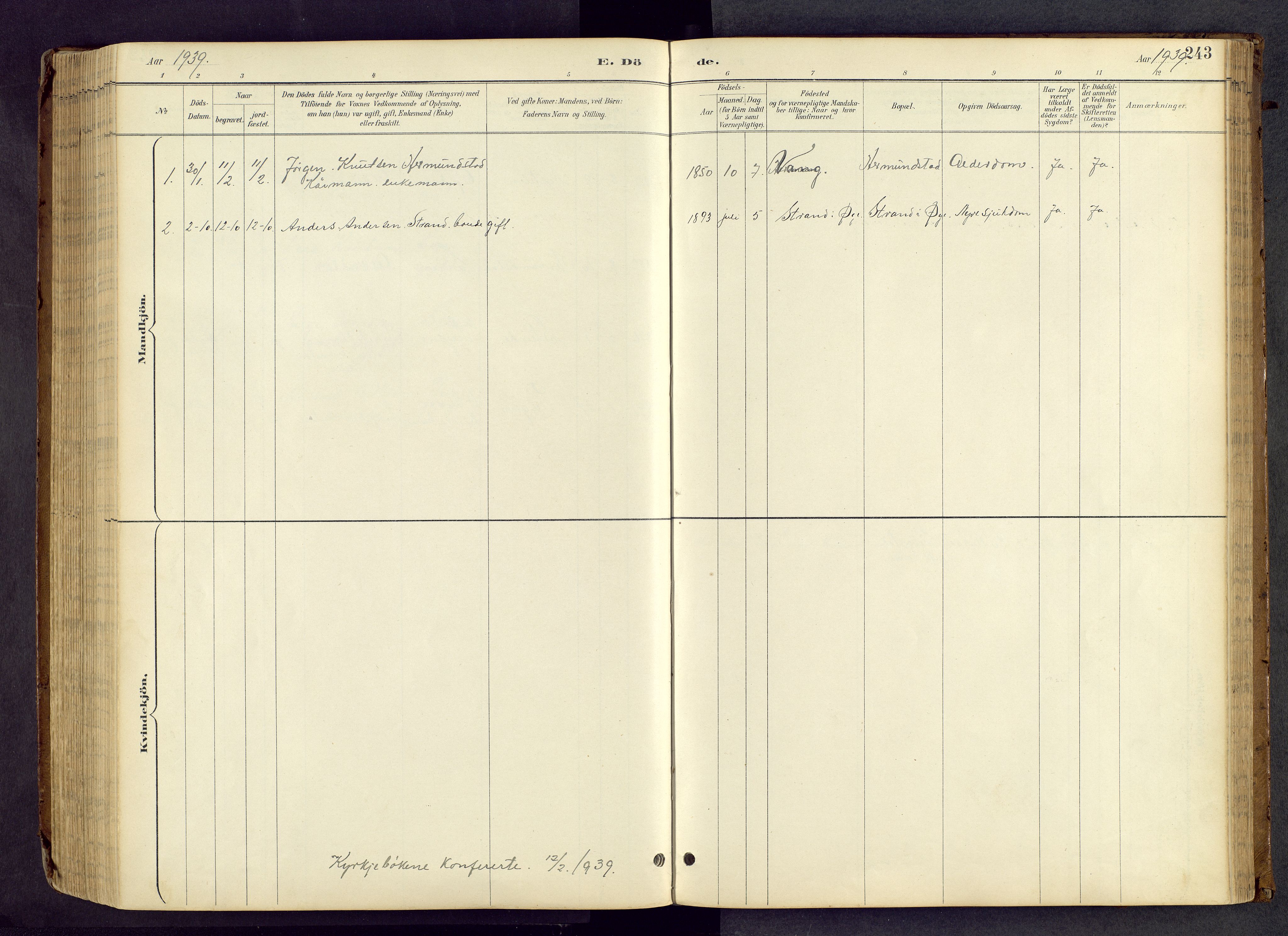 Vang prestekontor, Valdres, SAH/PREST-140/H/Hb/L0005: Parish register (copy) no. 5, 1889-1945, p. 243