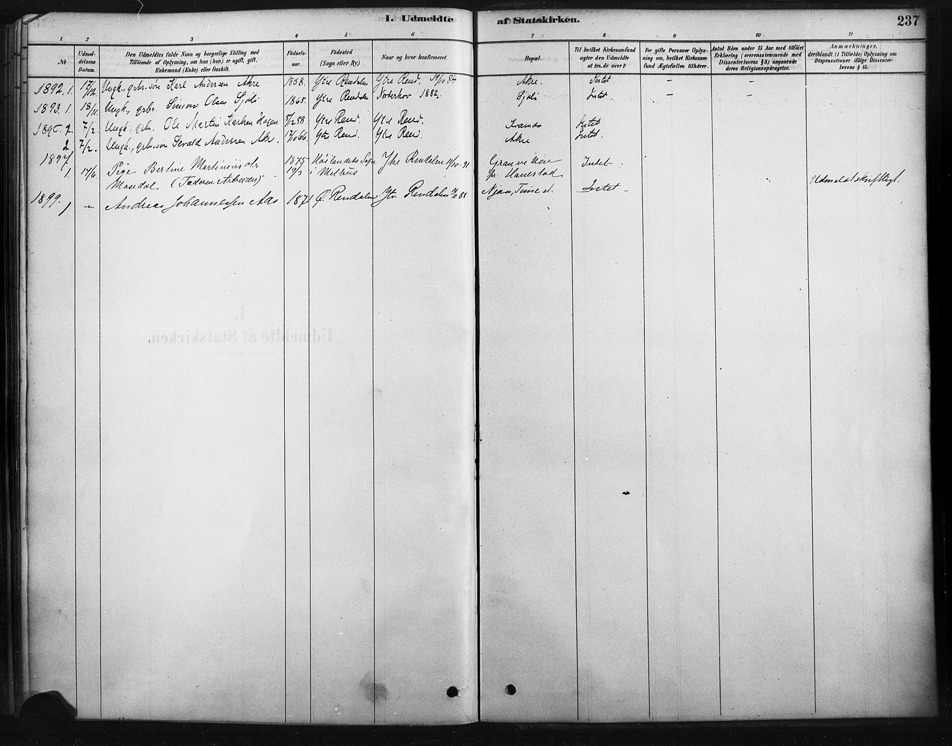 Rendalen prestekontor, SAH/PREST-054/H/Ha/Haa/L0010: Parish register (official) no. 10, 1878-1901, p. 237