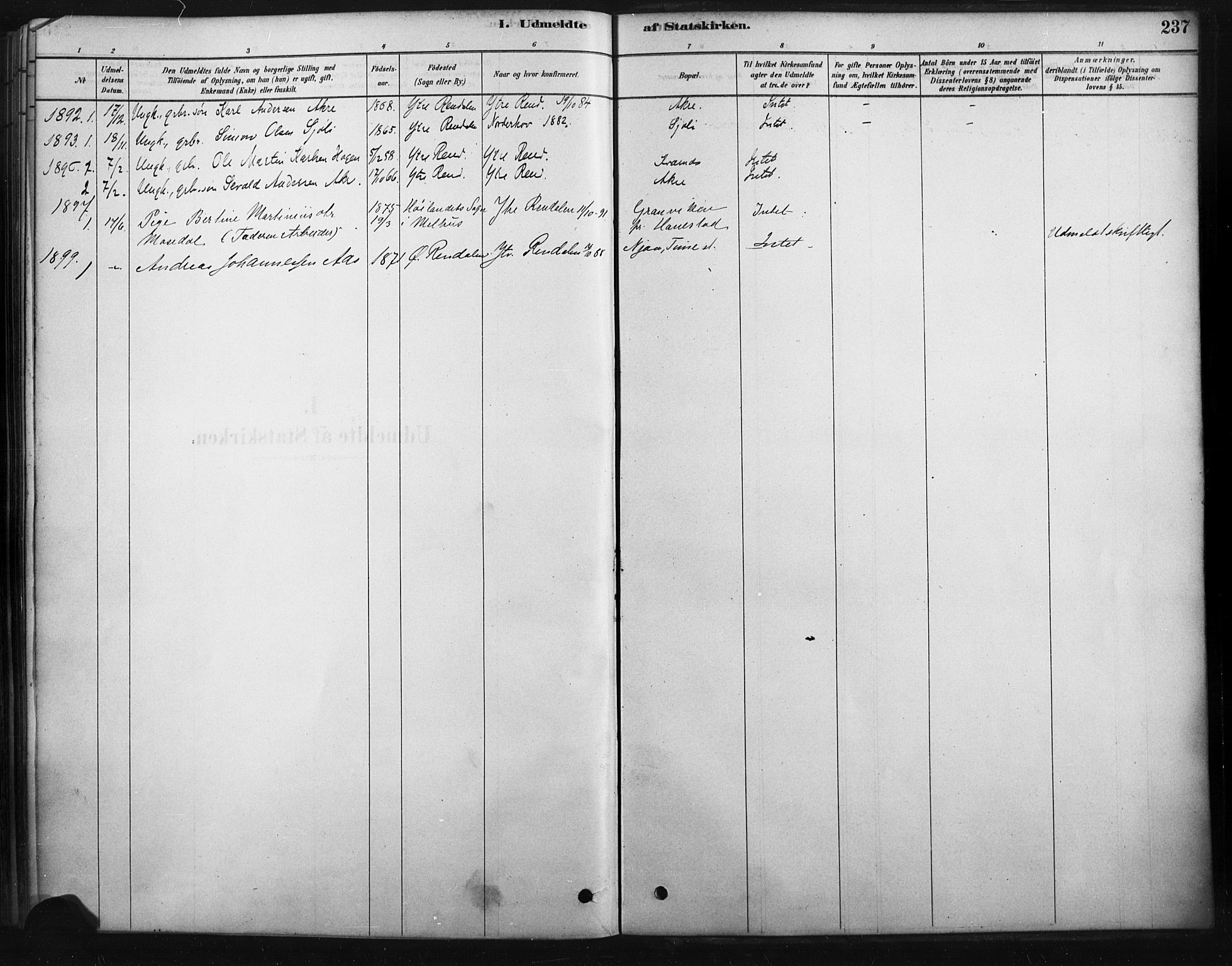 Rendalen prestekontor, AV/SAH-PREST-054/H/Ha/Haa/L0010: Parish register (official) no. 10, 1878-1901, p. 237