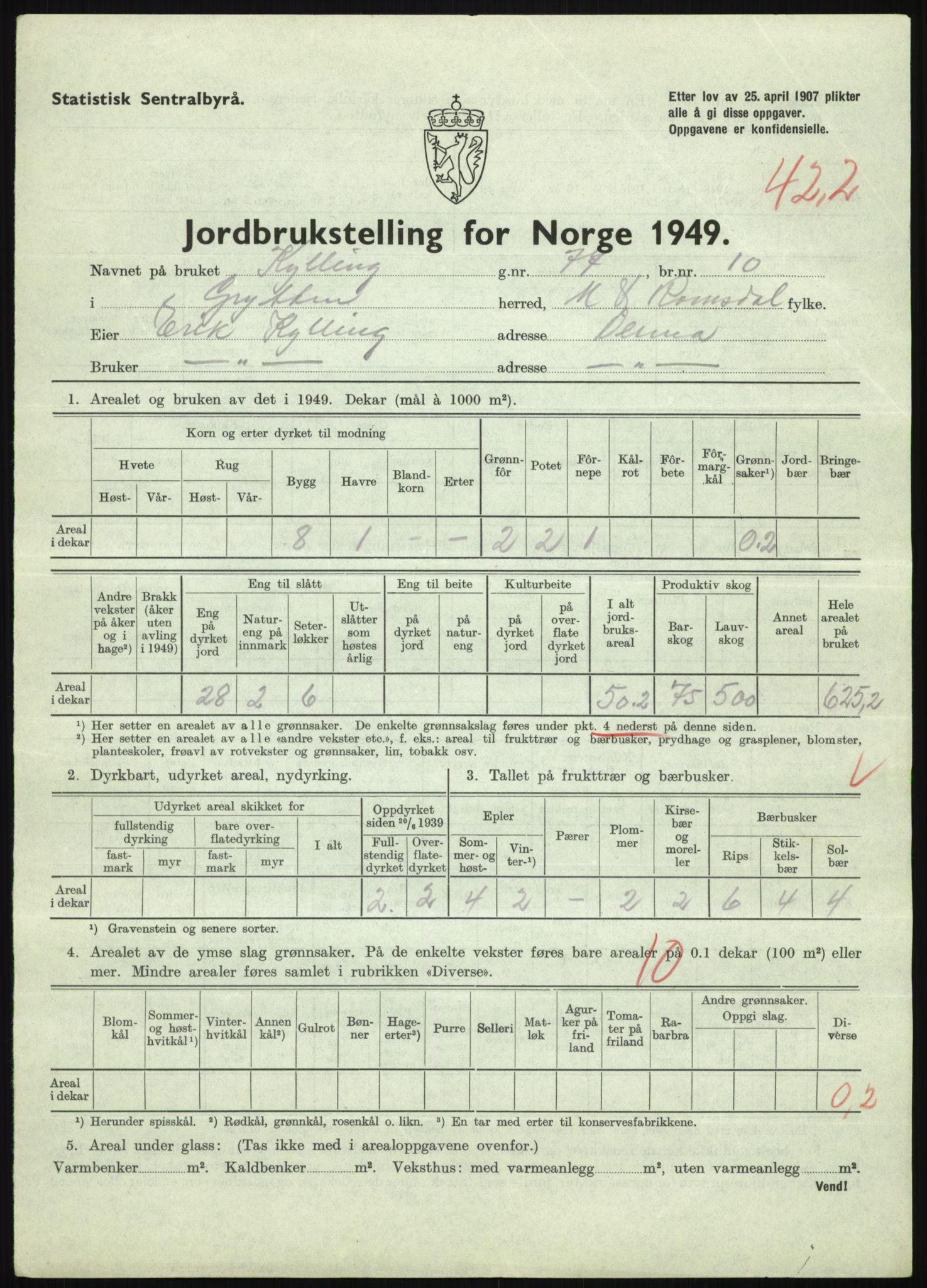 Statistisk sentralbyrå, Næringsøkonomiske emner, Jordbruk, skogbruk, jakt, fiske og fangst, AV/RA-S-2234/G/Gc/L0323: Møre og Romsdal: Grytten og Hen, 1949, p. 299