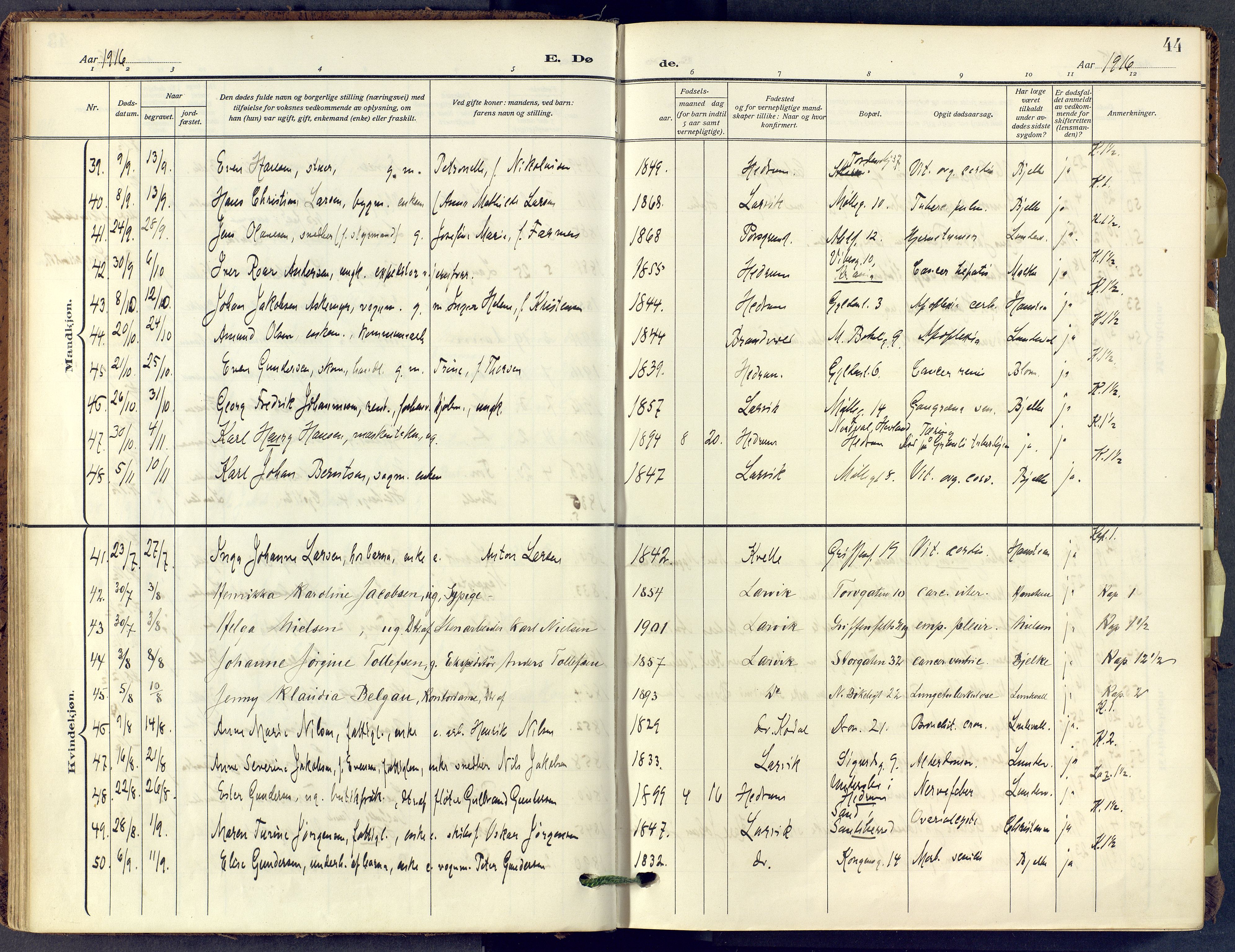 Larvik kirkebøker, SAKO/A-352/F/Fa/L0013: Parish register (official) no. I 13, 1910-1960, p. 44