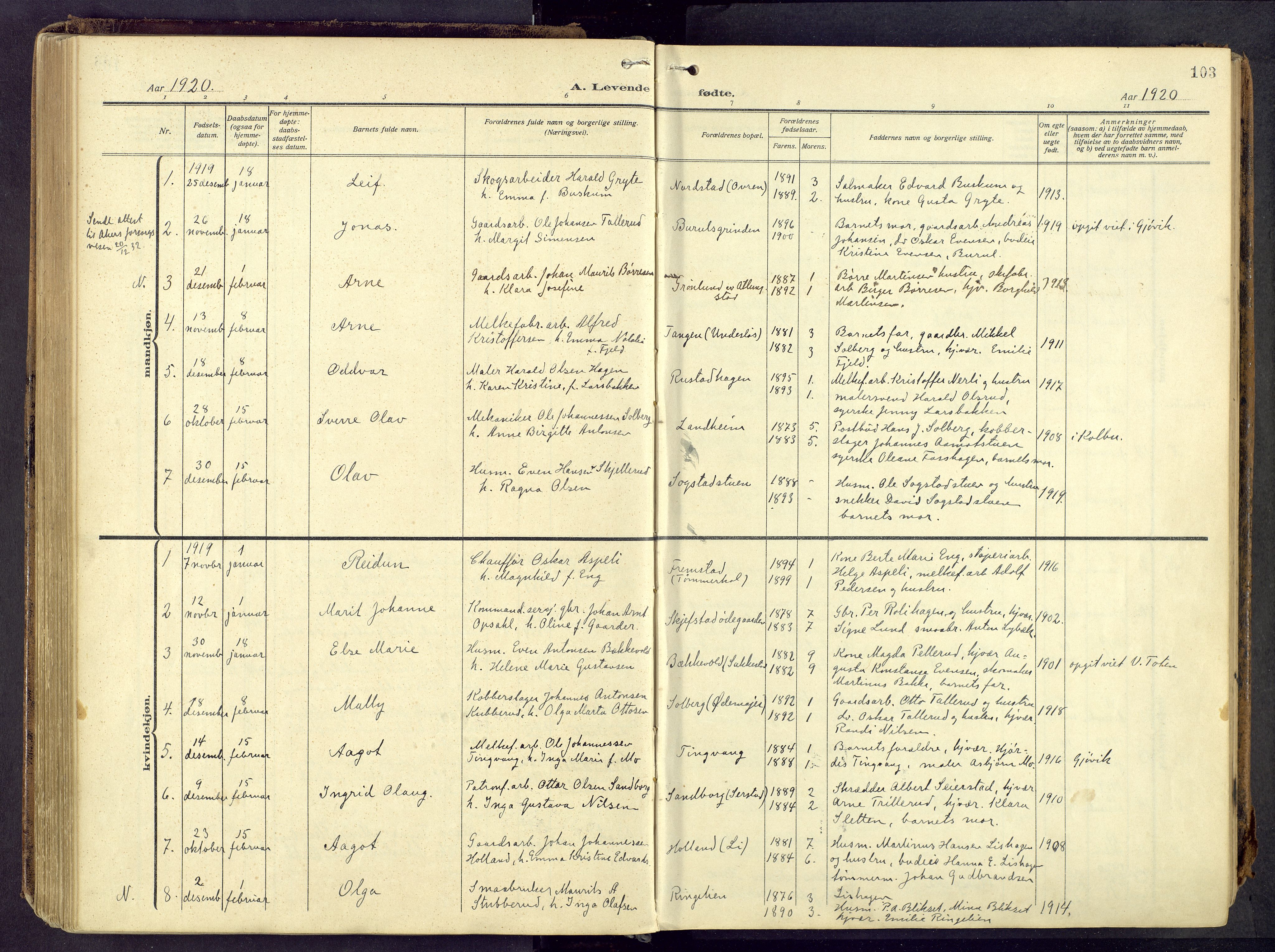 Østre Toten prestekontor, AV/SAH-PREST-104/H/Ha/Haa/L0010: Parish register (official) no. 10, 1910-1920, p. 103