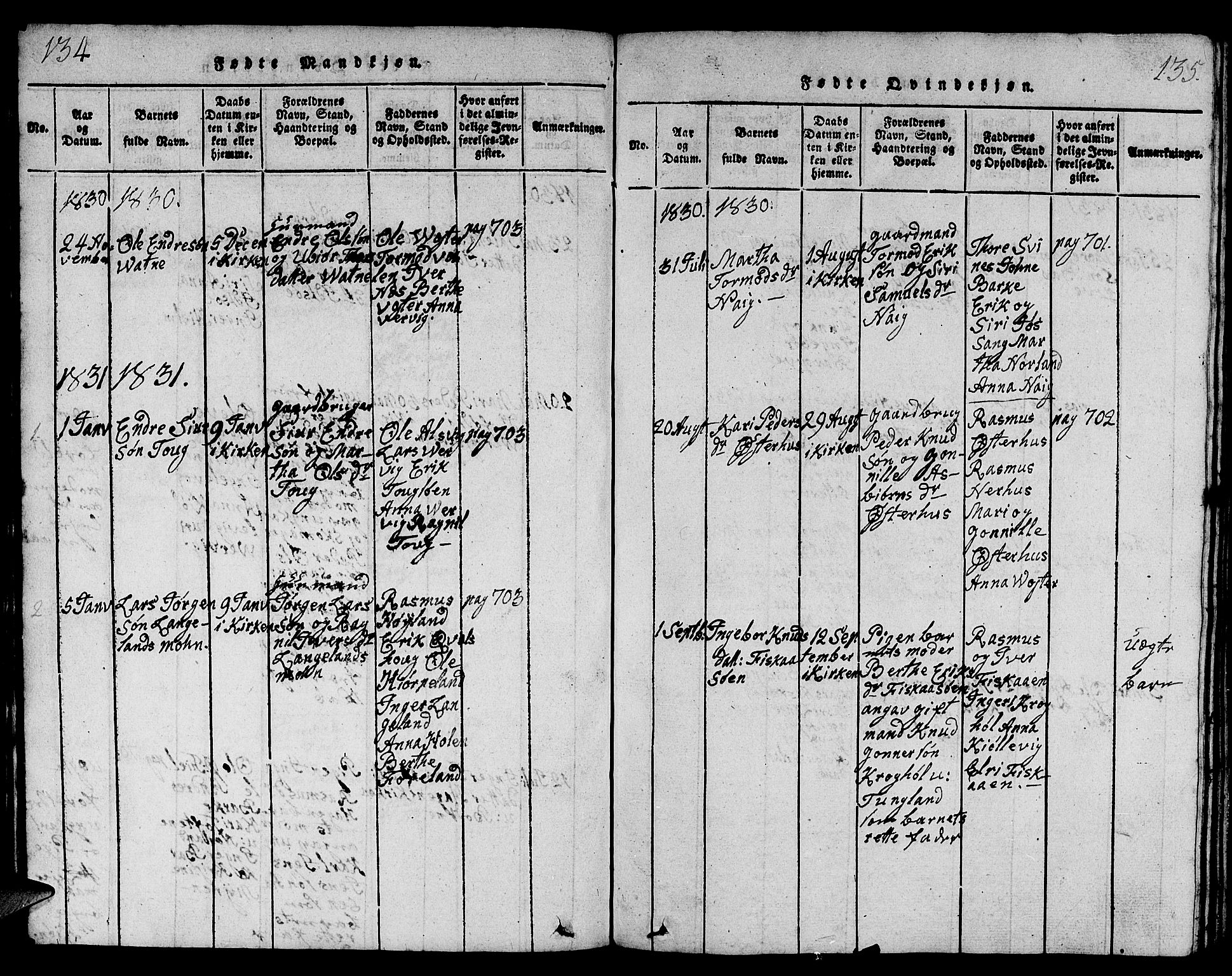 Strand sokneprestkontor, SAST/A-101828/H/Ha/Hab/L0001: Parish register (copy) no. B 1, 1816-1854, p. 134-135