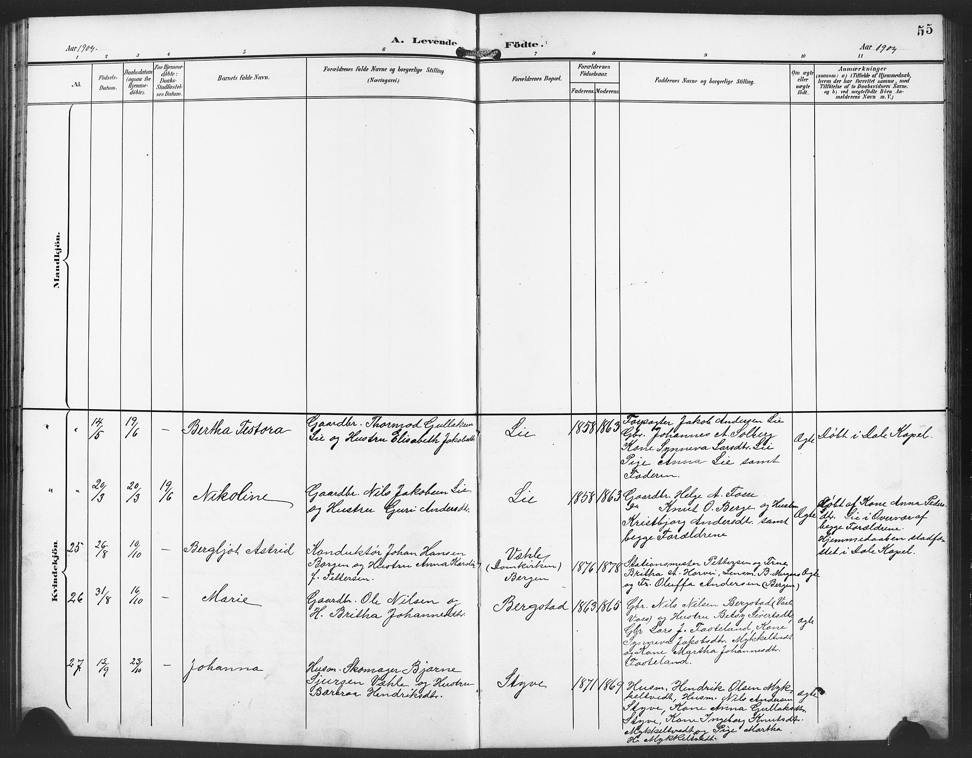 Evanger sokneprestembete, SAB/A-99924: Parish register (copy) no. A 5, 1897-1917, p. 55