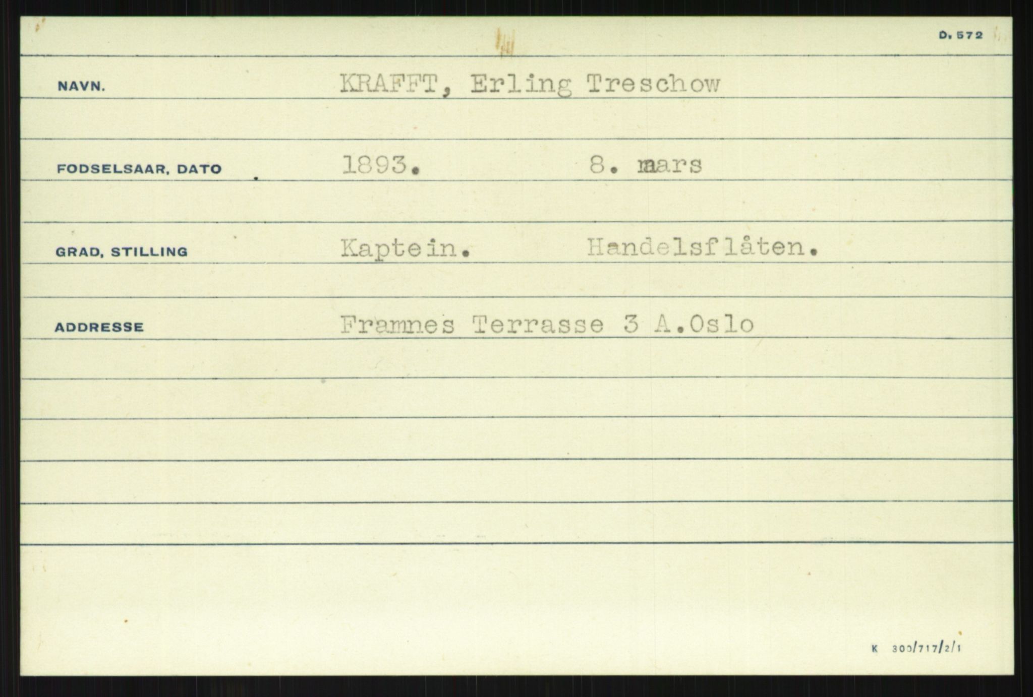 Direktoratet for sjømenn, AV/RA-S-3545/G/Gi/L0007: Alfabetisk ordnet kartotek over krigsdekorasjoner tildelt nordmenn under krigen, Krafft - Nørgaard, 1940-1945, p. 1