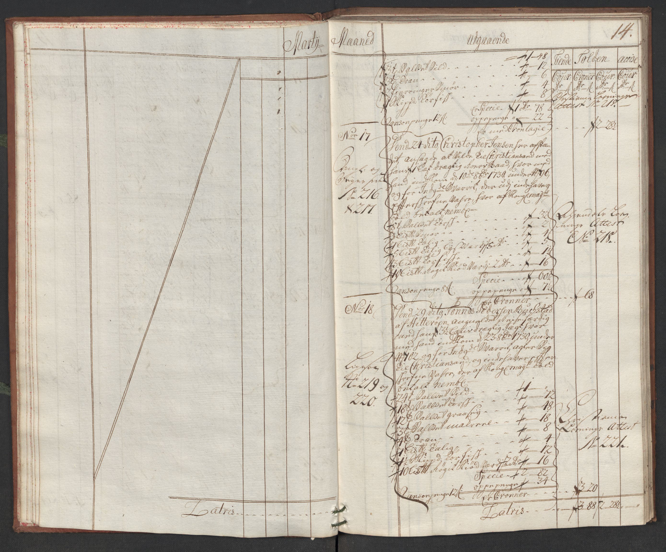 Generaltollkammeret, tollregnskaper, AV/RA-EA-5490/R19/L0006/0001: Tollregnskaper Flekkefjord / Hovedtollbok, 1731, p. 13b-14a