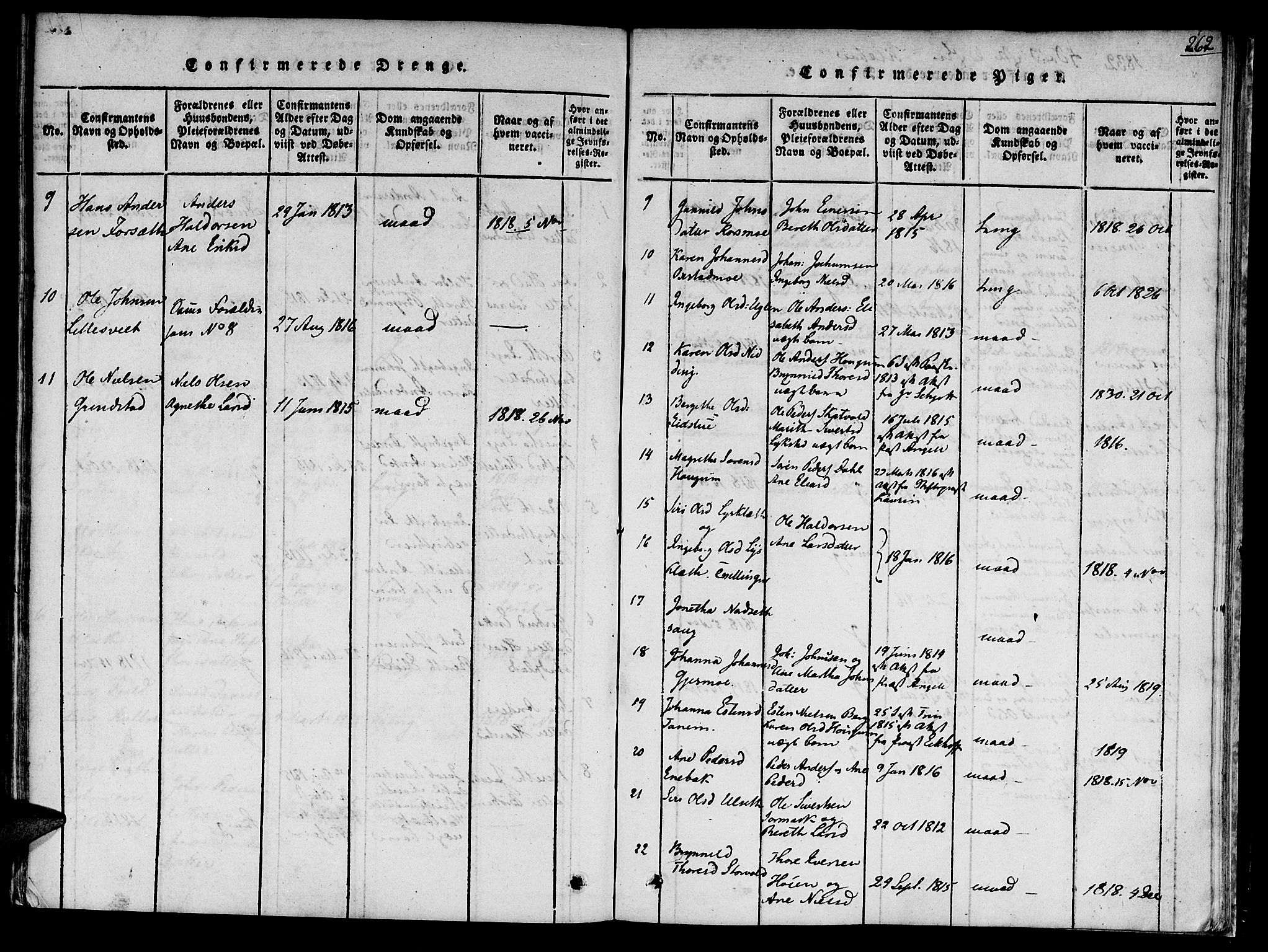 Ministerialprotokoller, klokkerbøker og fødselsregistre - Sør-Trøndelag, SAT/A-1456/618/L0439: Parish register (official) no. 618A04 /1, 1816-1843, p. 262