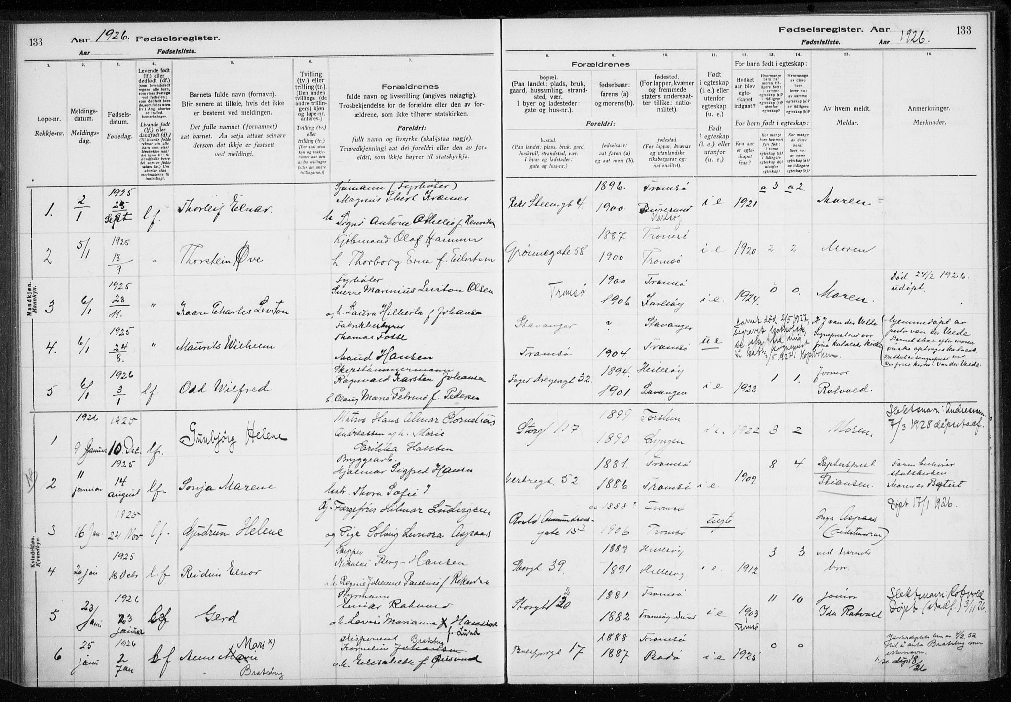 Tromsø sokneprestkontor/stiftsprosti/domprosti, AV/SATØ-S-1343/H/Ha/L0132: Birth register no. 132, 1921-1927, p. 133