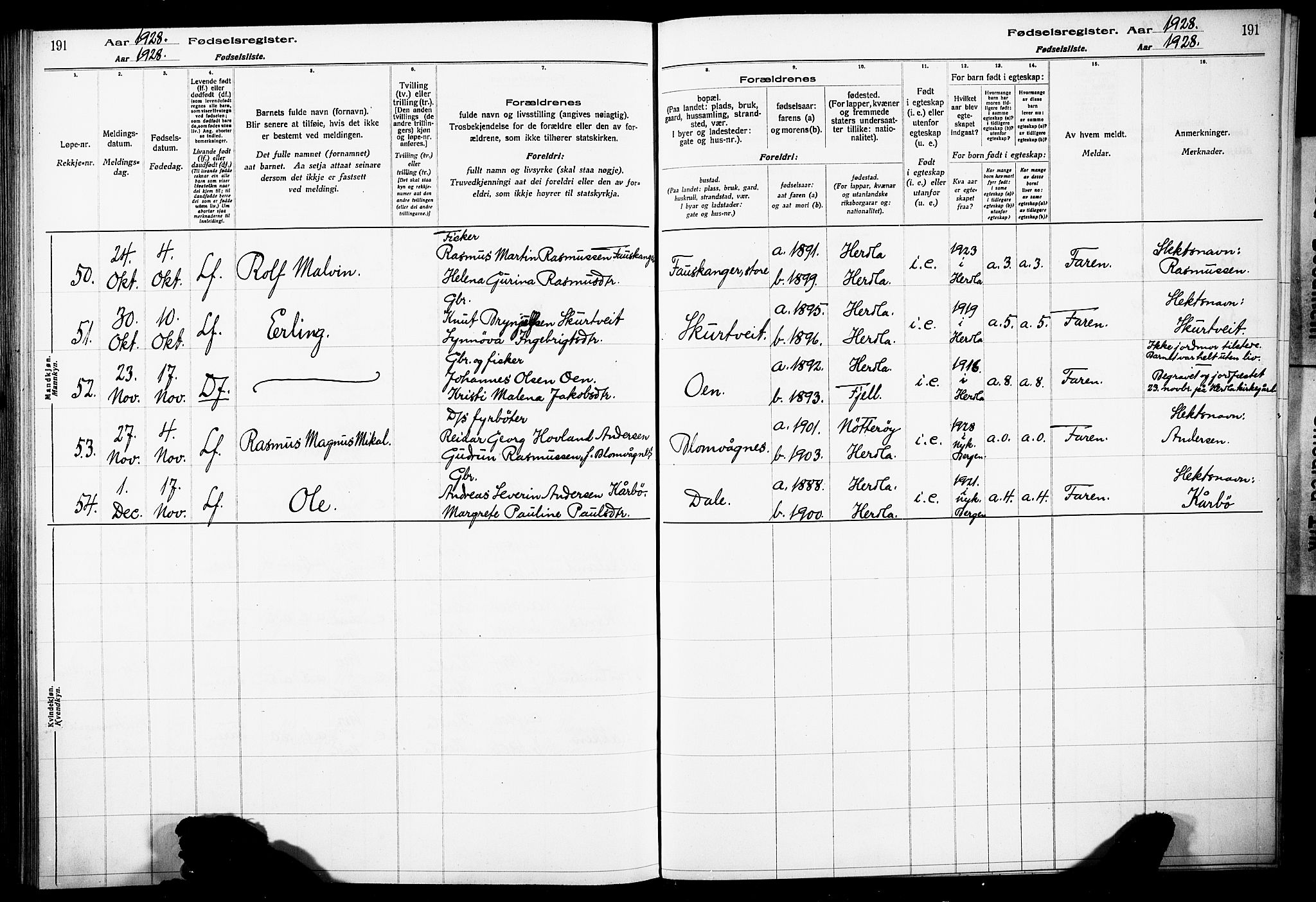 Herdla Sokneprestembete, AV/SAB-A-75701/I/Id/L00A1: Birth register no. A 1, 1916-1929, p. 191