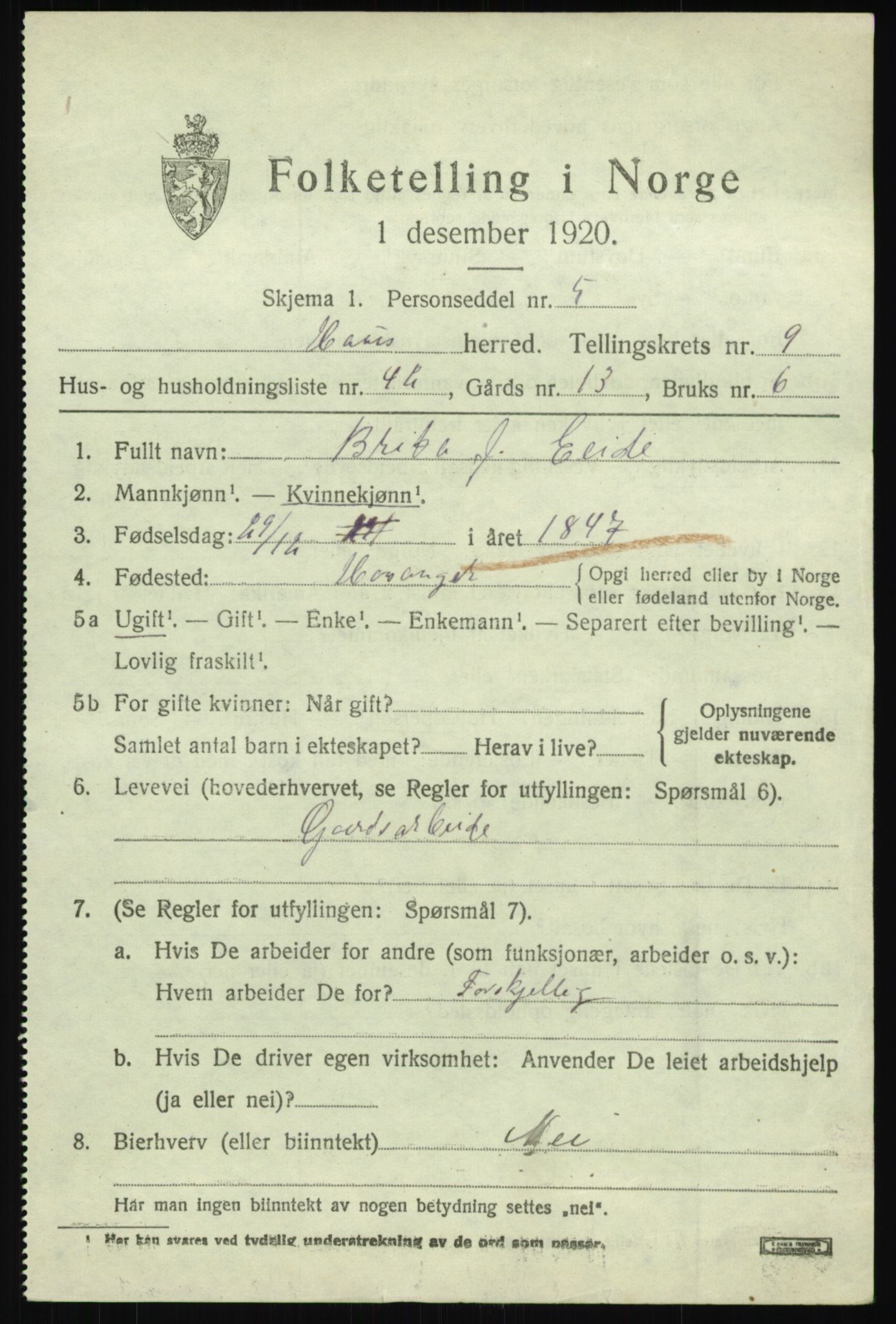 SAB, 1920 census for Haus, 1920, p. 6135