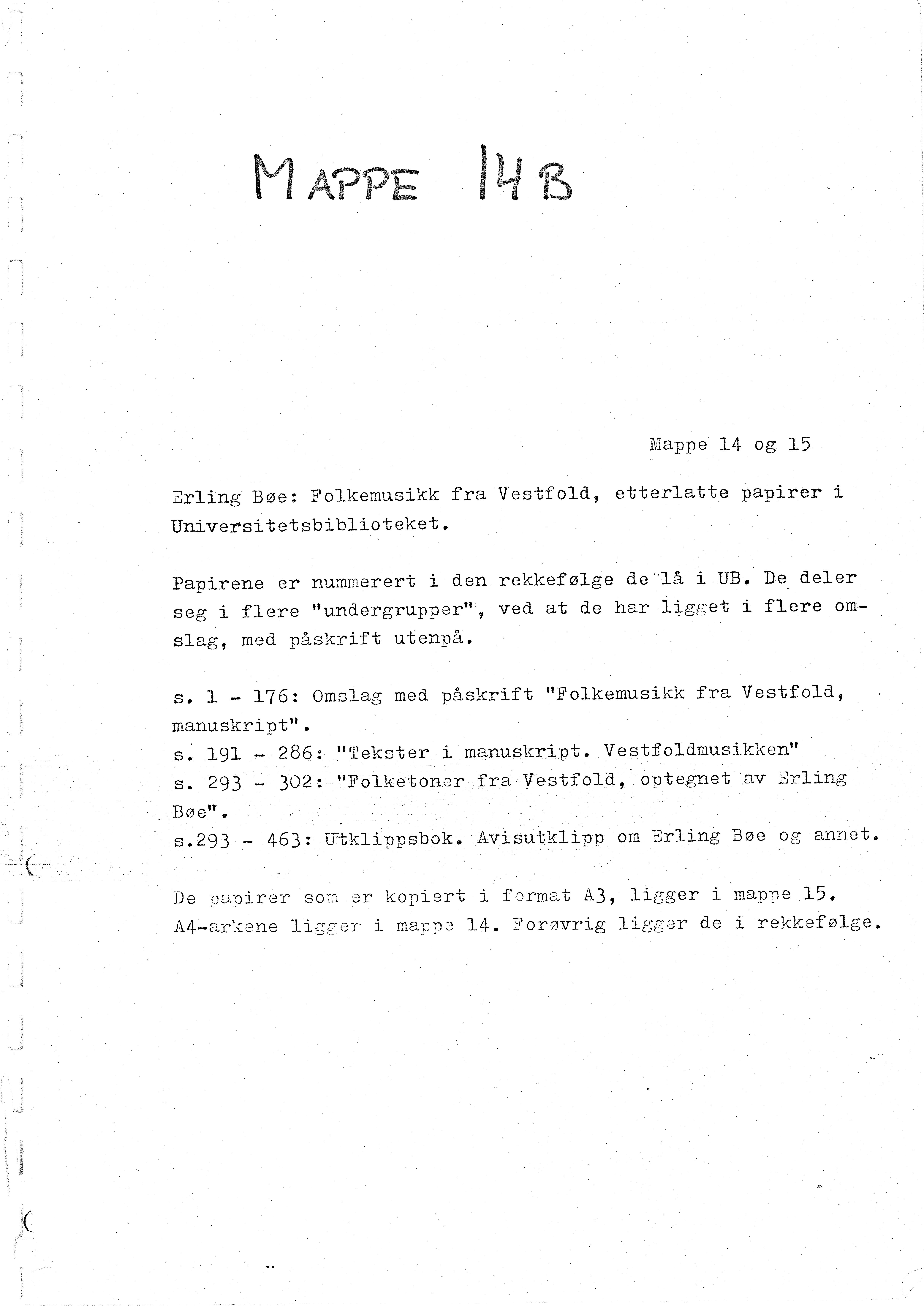 Sa 16 - Folkemusikk fra Vestfold, Gjerdesamlingen, VEMU/A-1868/H/L0006/0004: Innsamlet informasjon, kopier / 14b "Folkemusikk i Vestfold" i Universitetsbiblioteket etter Erling Bøe