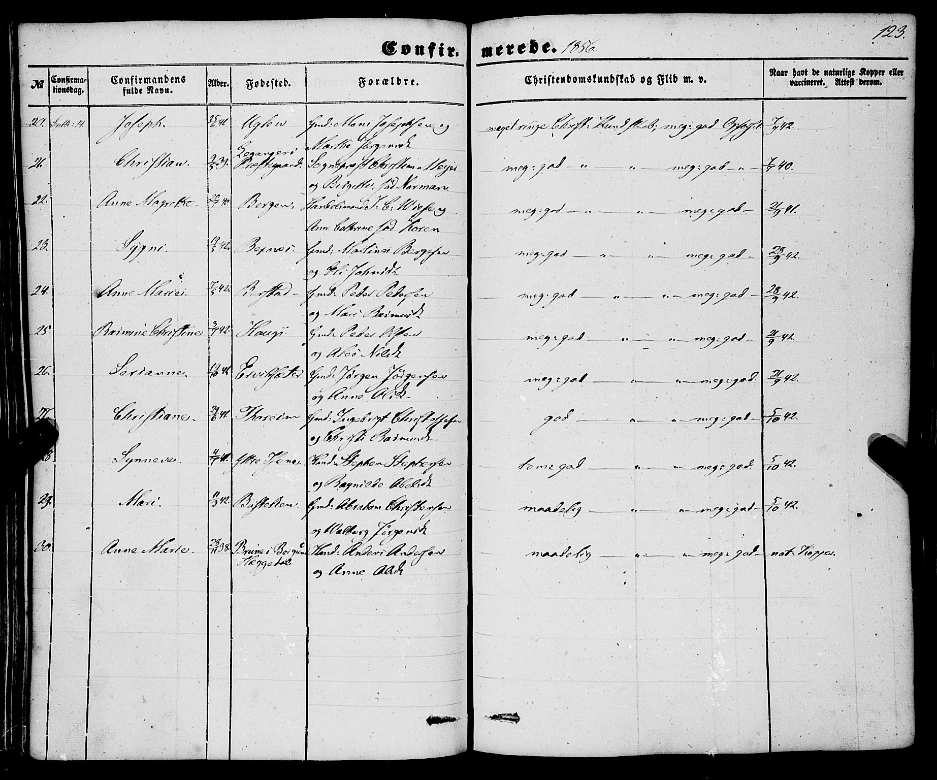 Davik sokneprestembete, AV/SAB-A-79701/H/Haa/Haaa/L0005: Parish register (official) no. A 5, 1850-1866, p. 123