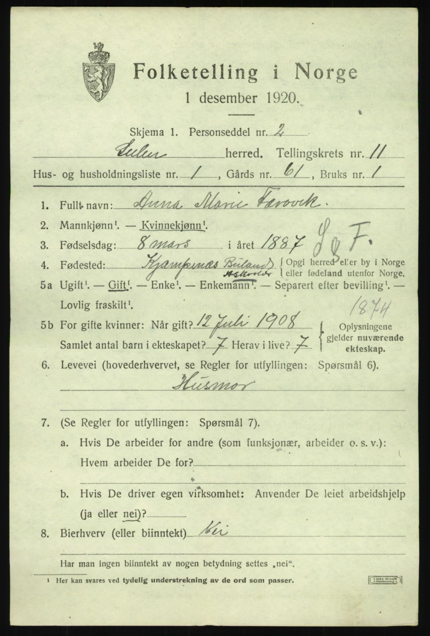 SAB, 1920 census for Solund, 1920, p. 3812