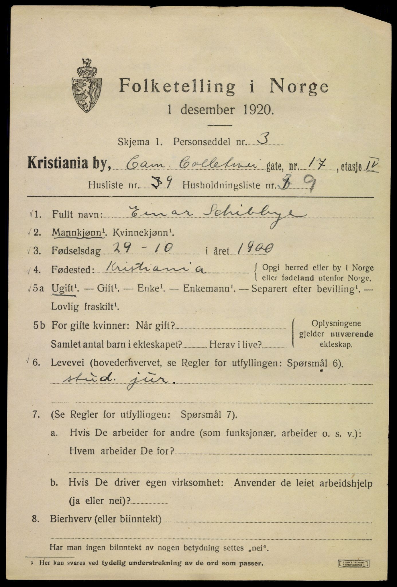 SAO, 1920 census for Kristiania, 1920, p. 183443