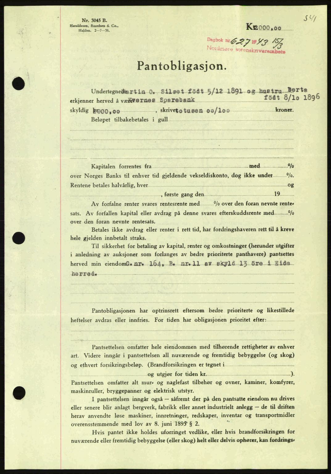 Nordmøre sorenskriveri, AV/SAT-A-4132/1/2/2Ca: Mortgage book no. B90, 1942-1943, Diary no: : 627/1943