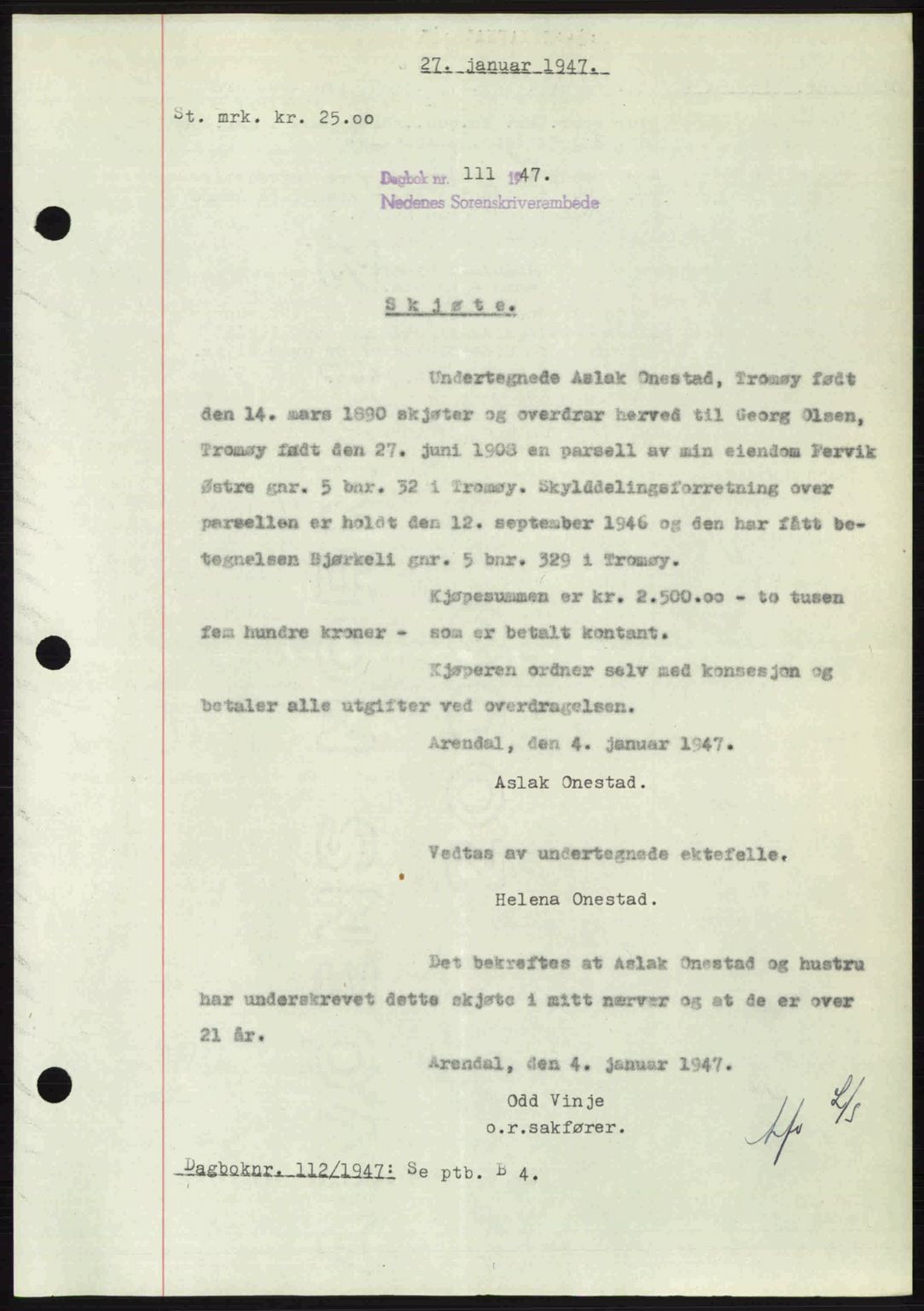 Nedenes sorenskriveri, SAK/1221-0006/G/Gb/Gba/L0056: Mortgage book no. A8, 1946-1947, Diary no: : 111/1947