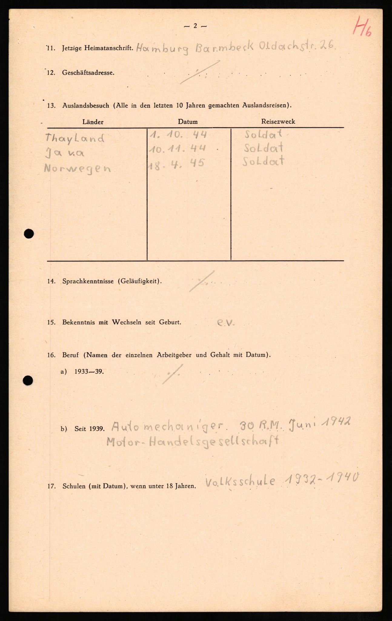 Forsvaret, Forsvarets overkommando II, RA/RAFA-3915/D/Db/L0012: CI Questionaires. Tyske okkupasjonsstyrker i Norge. Tyskere., 1945-1946, p. 166