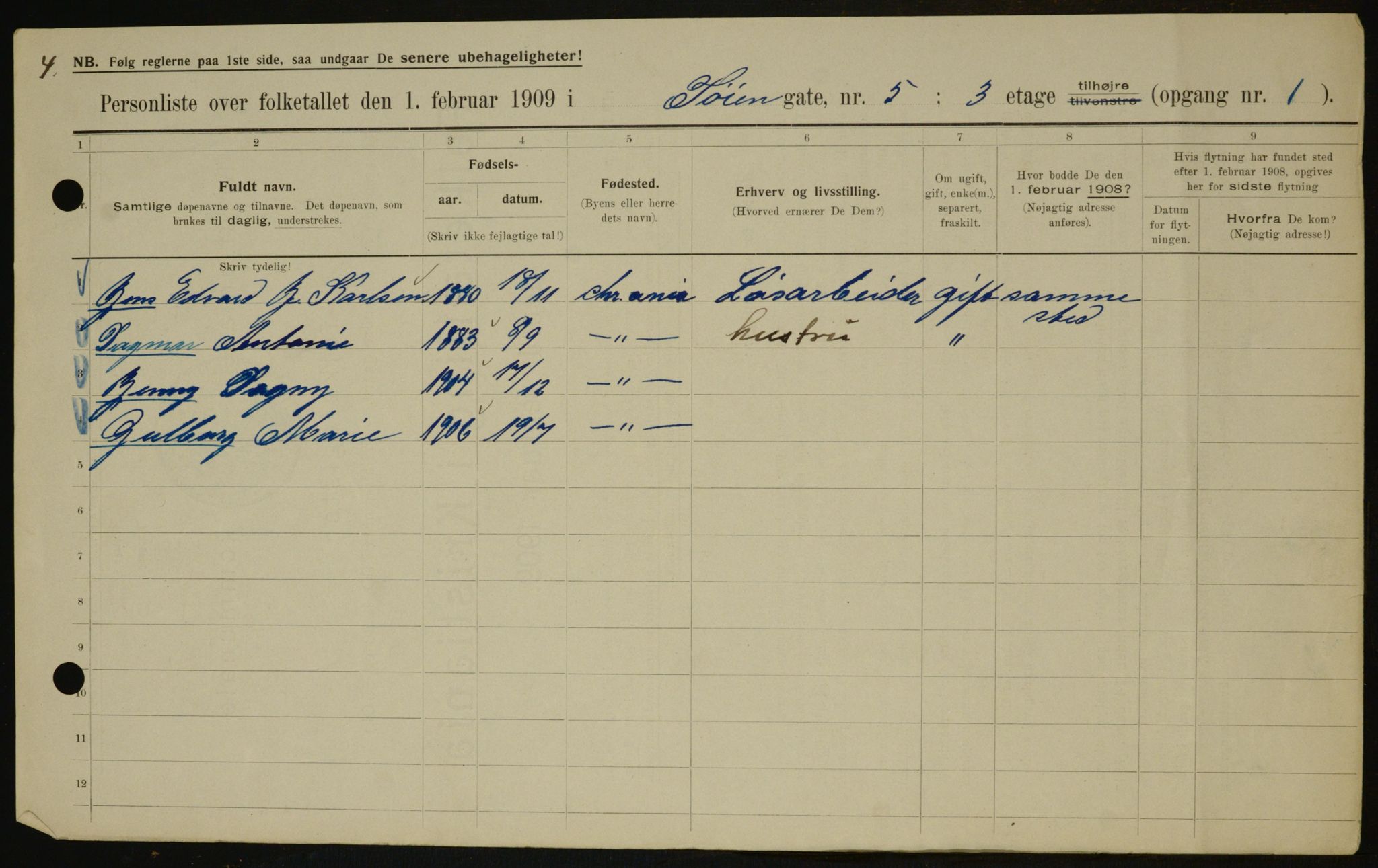 OBA, Municipal Census 1909 for Kristiania, 1909, p. 106621