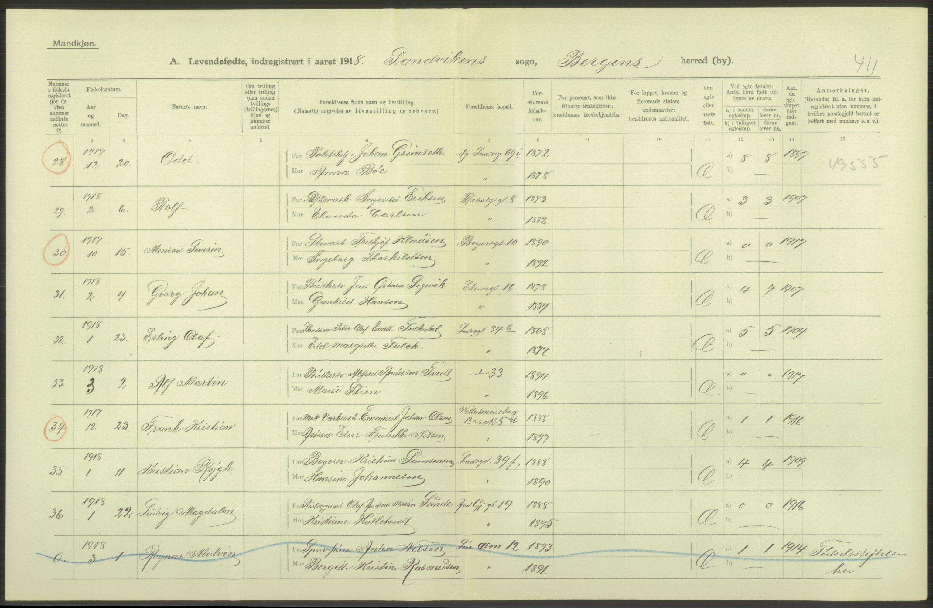 Statistisk sentralbyrå, Sosiodemografiske emner, Befolkning, AV/RA-S-2228/D/Df/Dfb/Dfbh/L0037: Bergen: Levendefødte menn og kvinner., 1918, p. 252