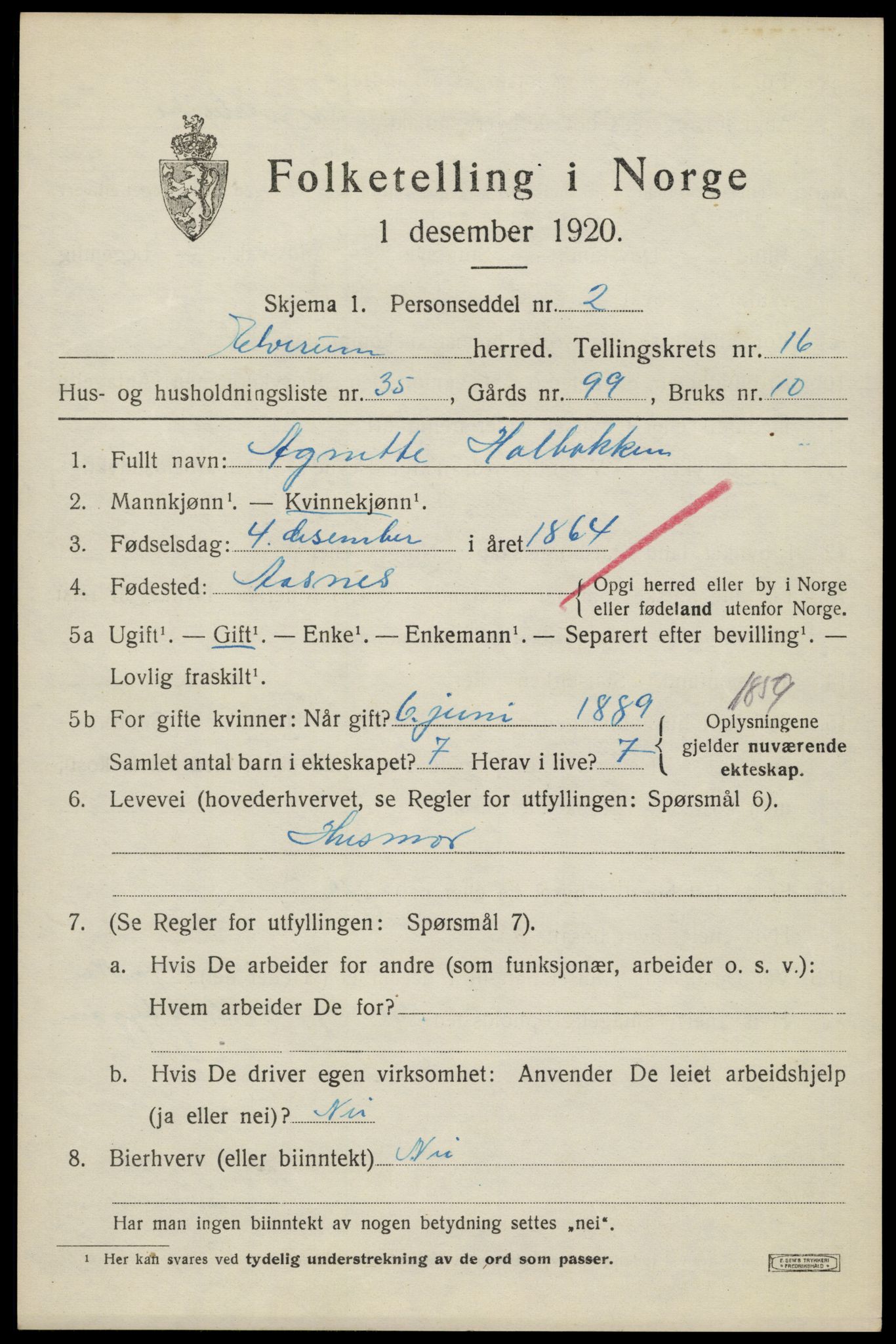 SAH, 1920 census for Elverum, 1920, p. 21180