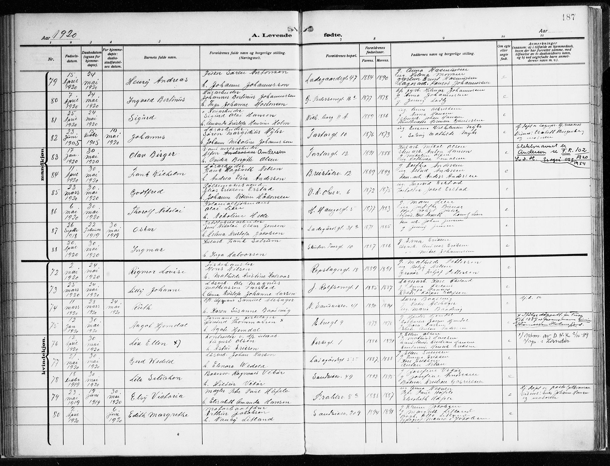 Sandviken Sokneprestembete, AV/SAB-A-77601/H/Ha/L0007: Parish register (official) no. B 4, 1912-1924, p. 187