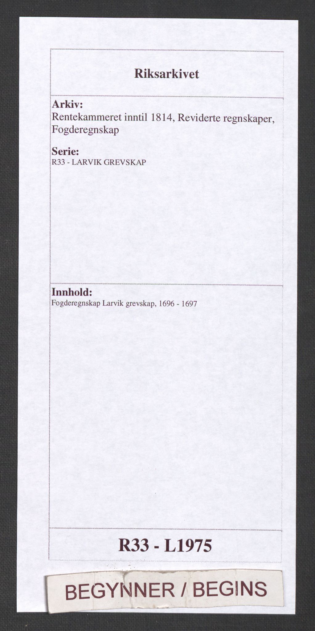 Rentekammeret inntil 1814, Reviderte regnskaper, Fogderegnskap, RA/EA-4092/R33/L1975: Fogderegnskap Larvik grevskap, 1696-1697, p. 1