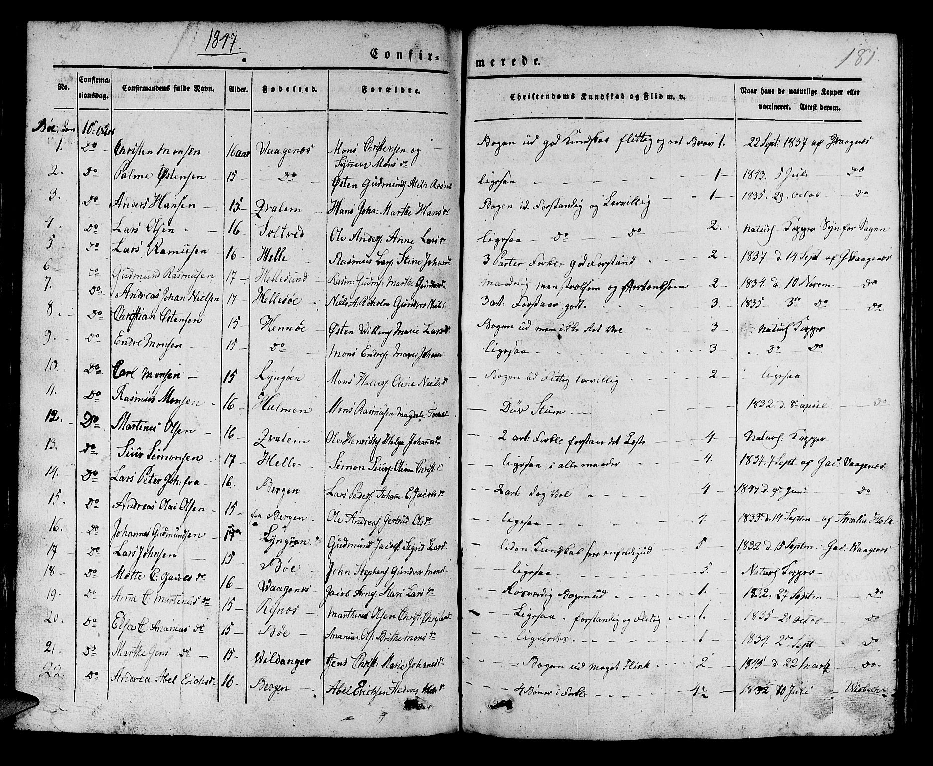 Manger sokneprestembete, SAB/A-76801/H/Haa: Parish register (official) no. A 5, 1839-1848, p. 181