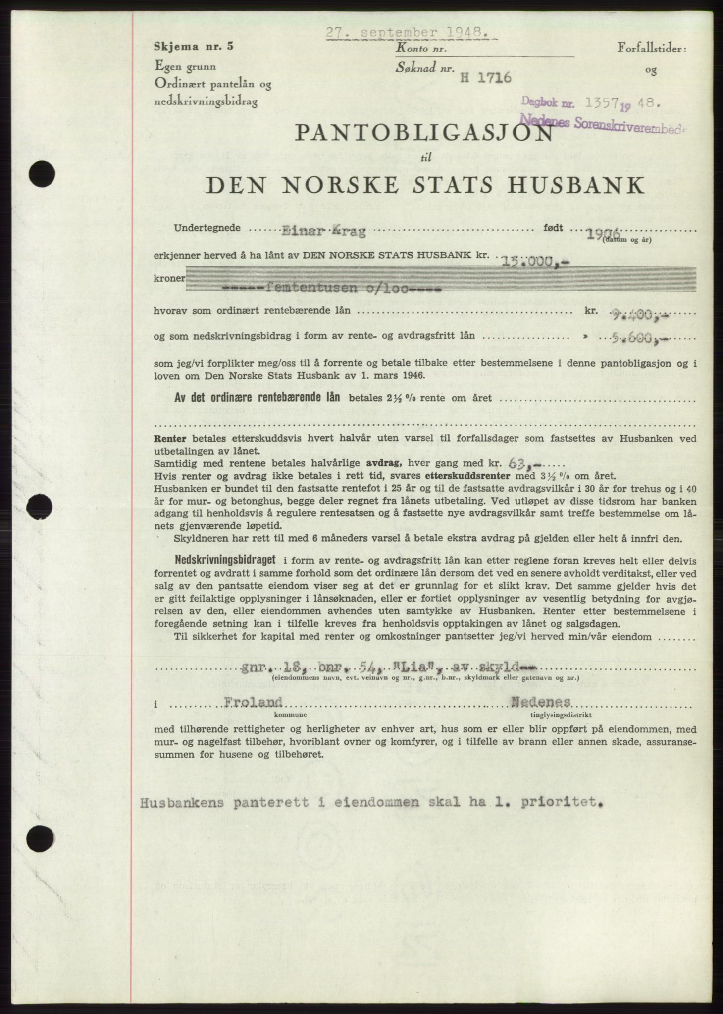 Nedenes sorenskriveri, AV/SAK-1221-0006/G/Gb/Gbb/L0005: Mortgage book no. B5, 1948-1948, Diary no: : 1357/1948