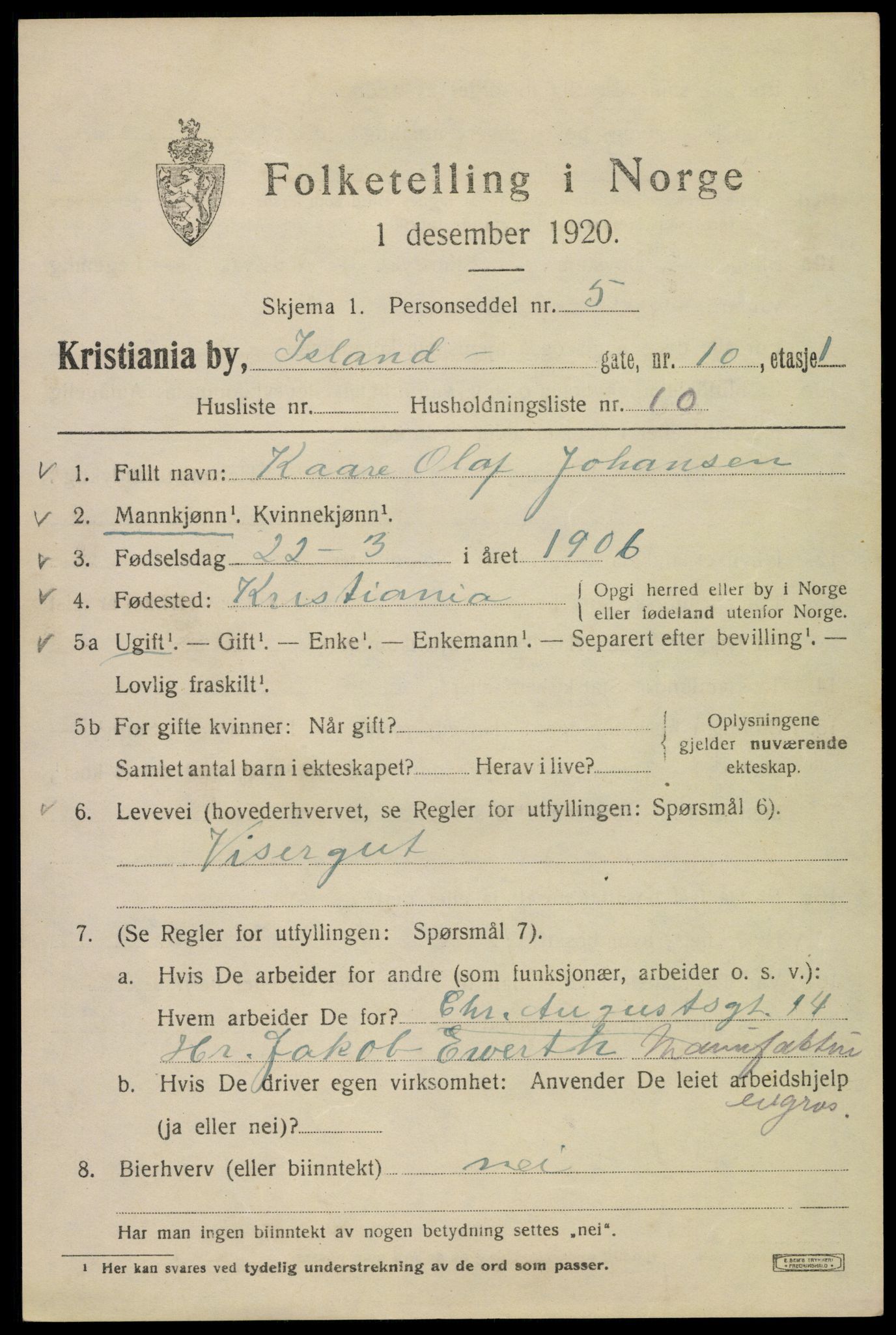 SAO, 1920 census for Kristiania, 1920, p. 312503