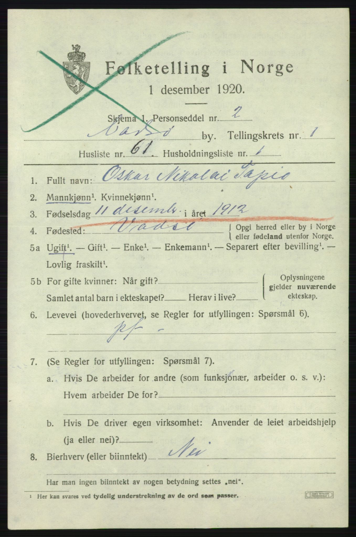 SATØ, 1920 census for Vadsø, 1920, p. 2213