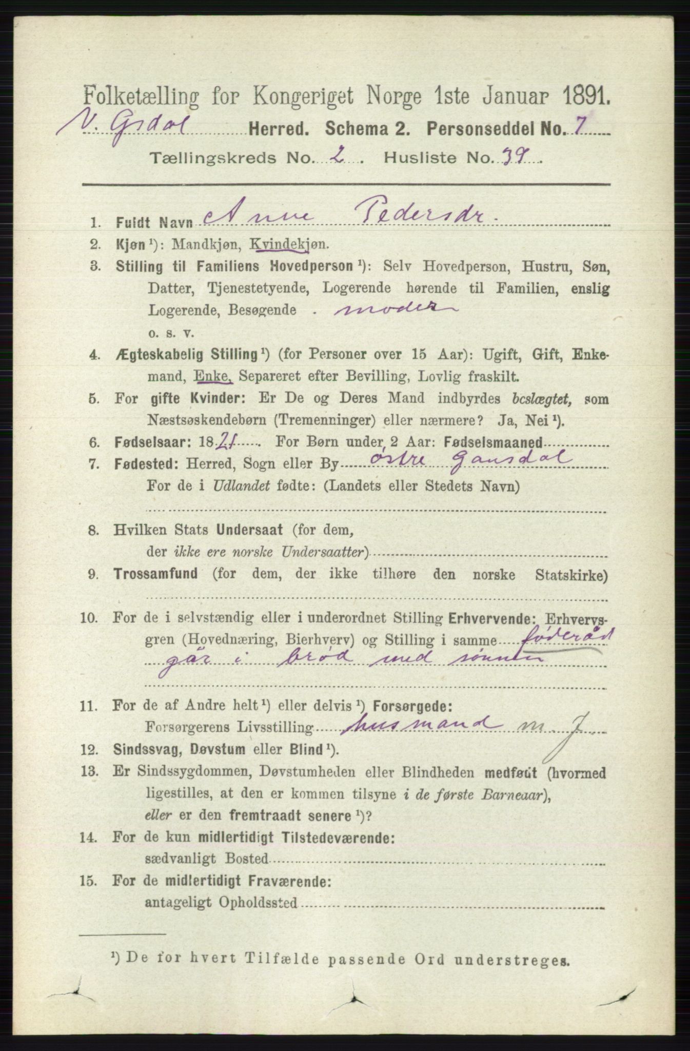 RA, 1891 census for 0523 Vestre Gausdal, 1891, p. 806