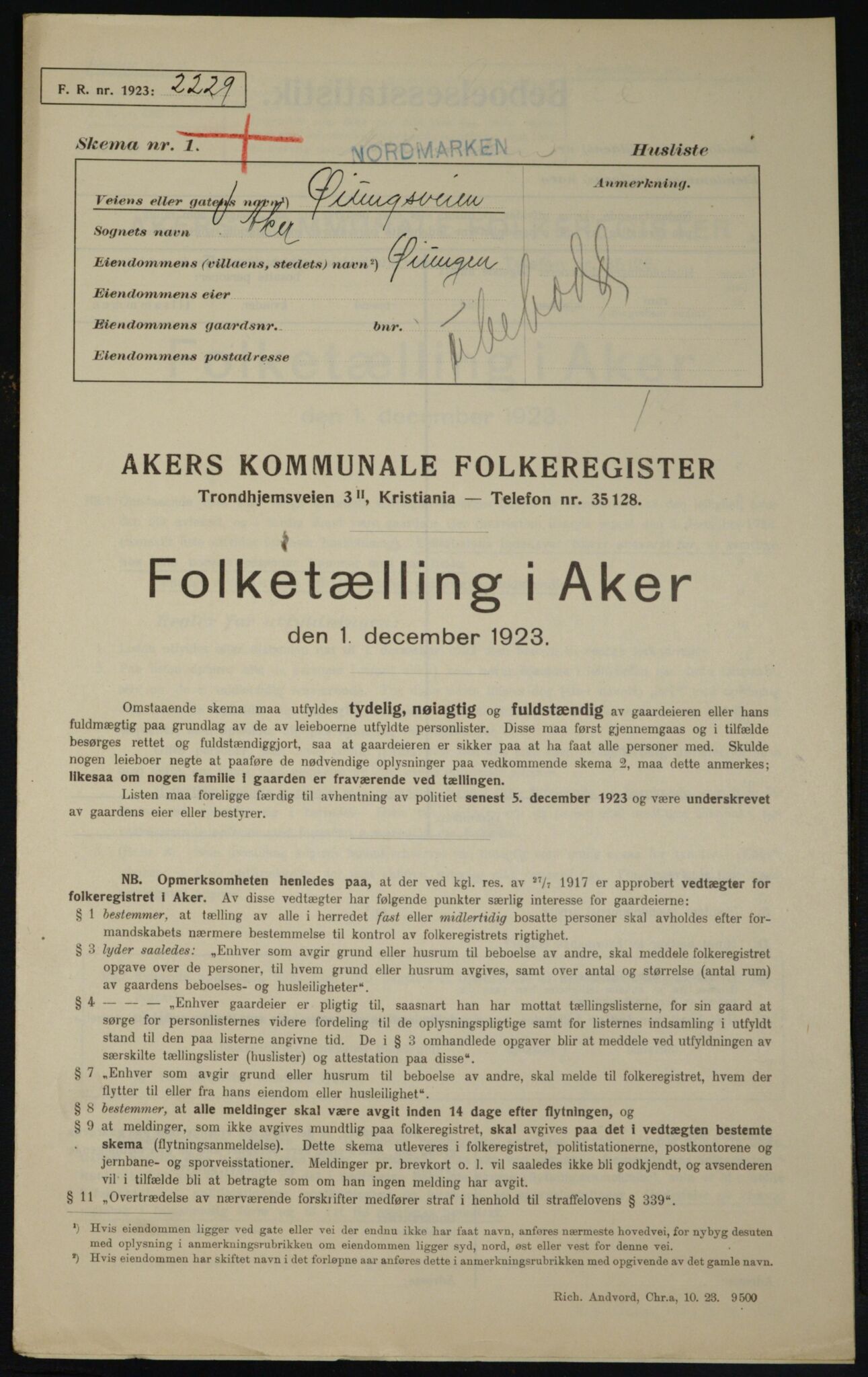 , Municipal Census 1923 for Aker, 1923, p. 22283