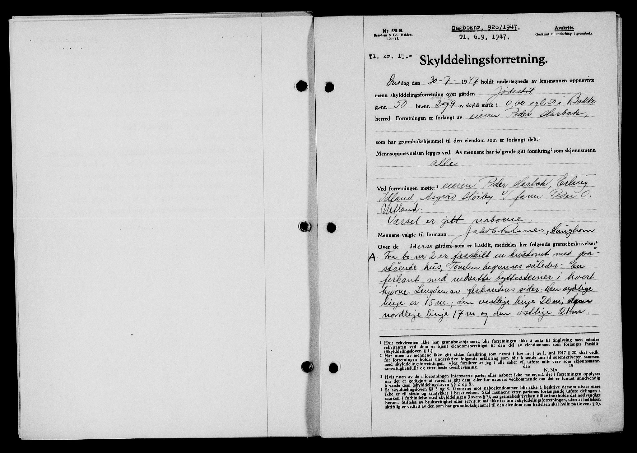 Flekkefjord sorenskriveri, SAK/1221-0001/G/Gb/Gba/L0062: Mortgage book no. A-10, 1947-1947, Diary no: : 920/1947