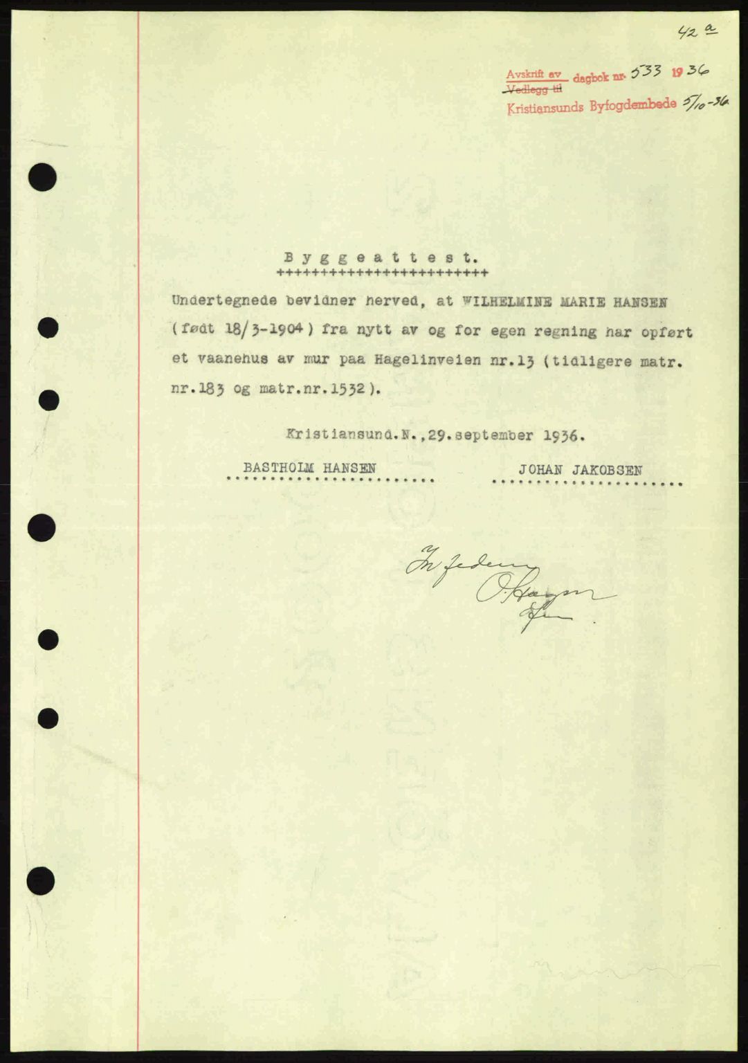 Kristiansund byfogd, AV/SAT-A-4587/A/27: Mortgage book no. 30, 1936-1941, Diary no: : 533/1936