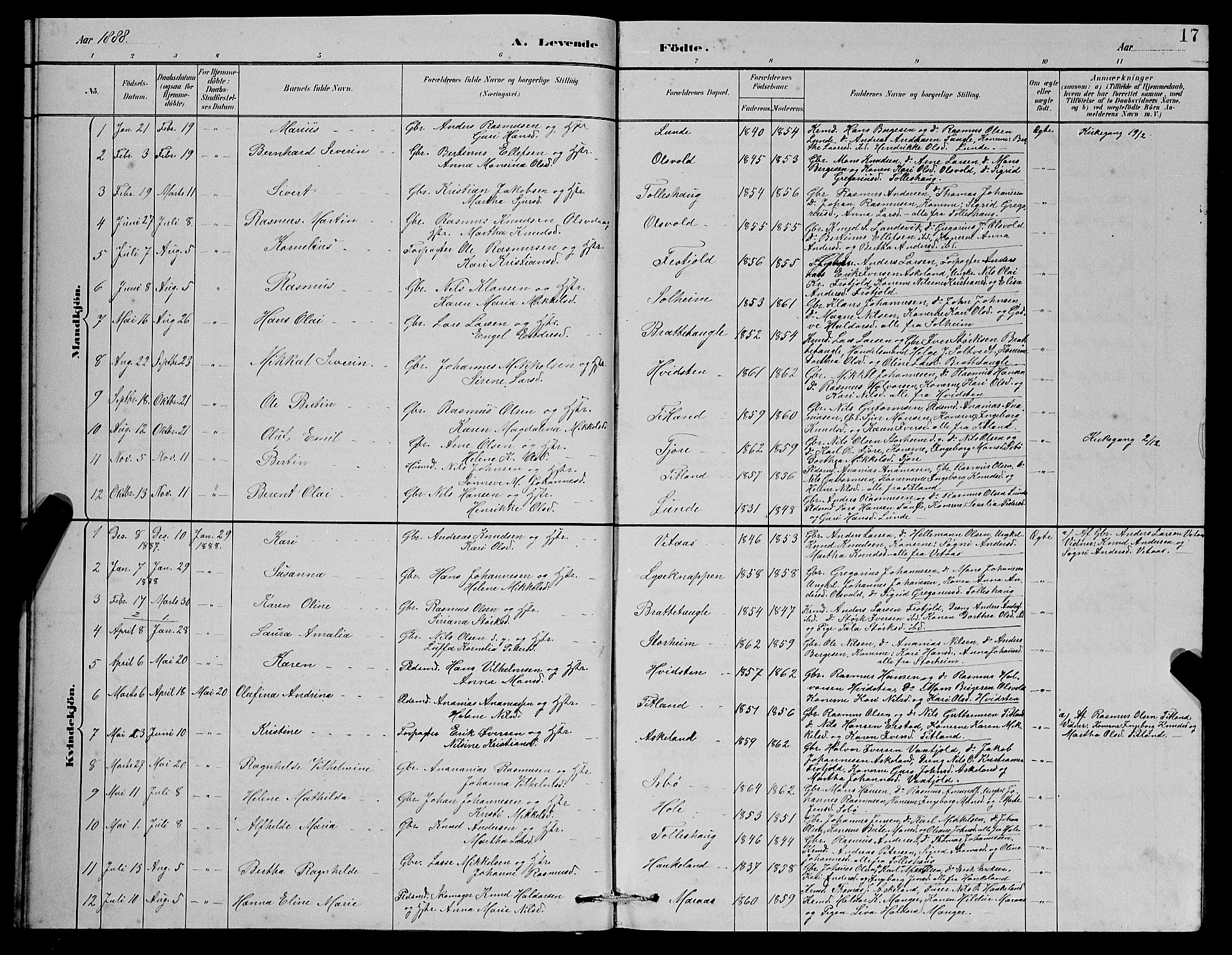 Manger sokneprestembete, SAB/A-76801/H/Hab: Parish register (copy) no. D 2, 1883-1894, p. 17