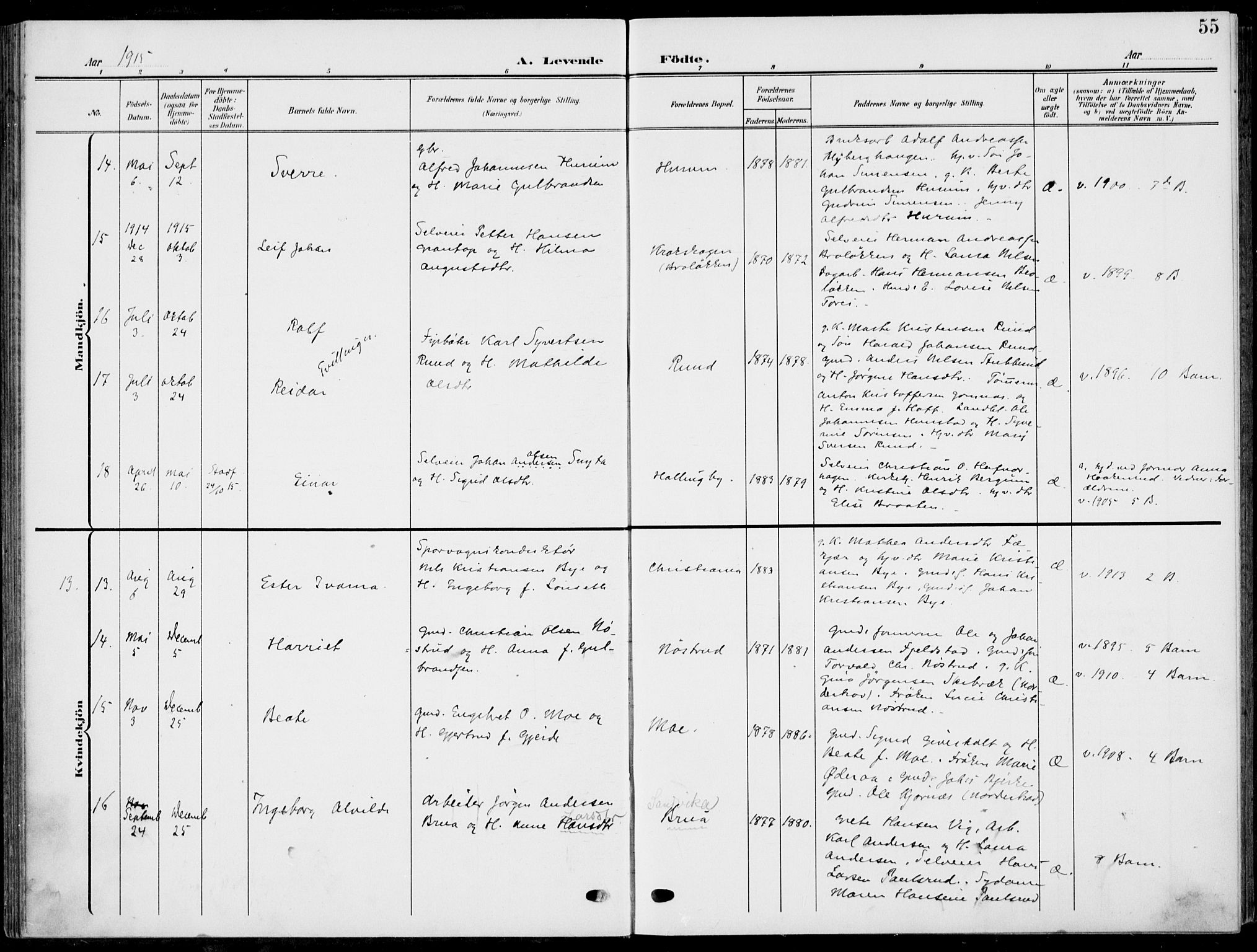 Hole kirkebøker, AV/SAKO-A-228/F/Fa/L0010: Parish register (official) no. I 10, 1907-1917, p. 55