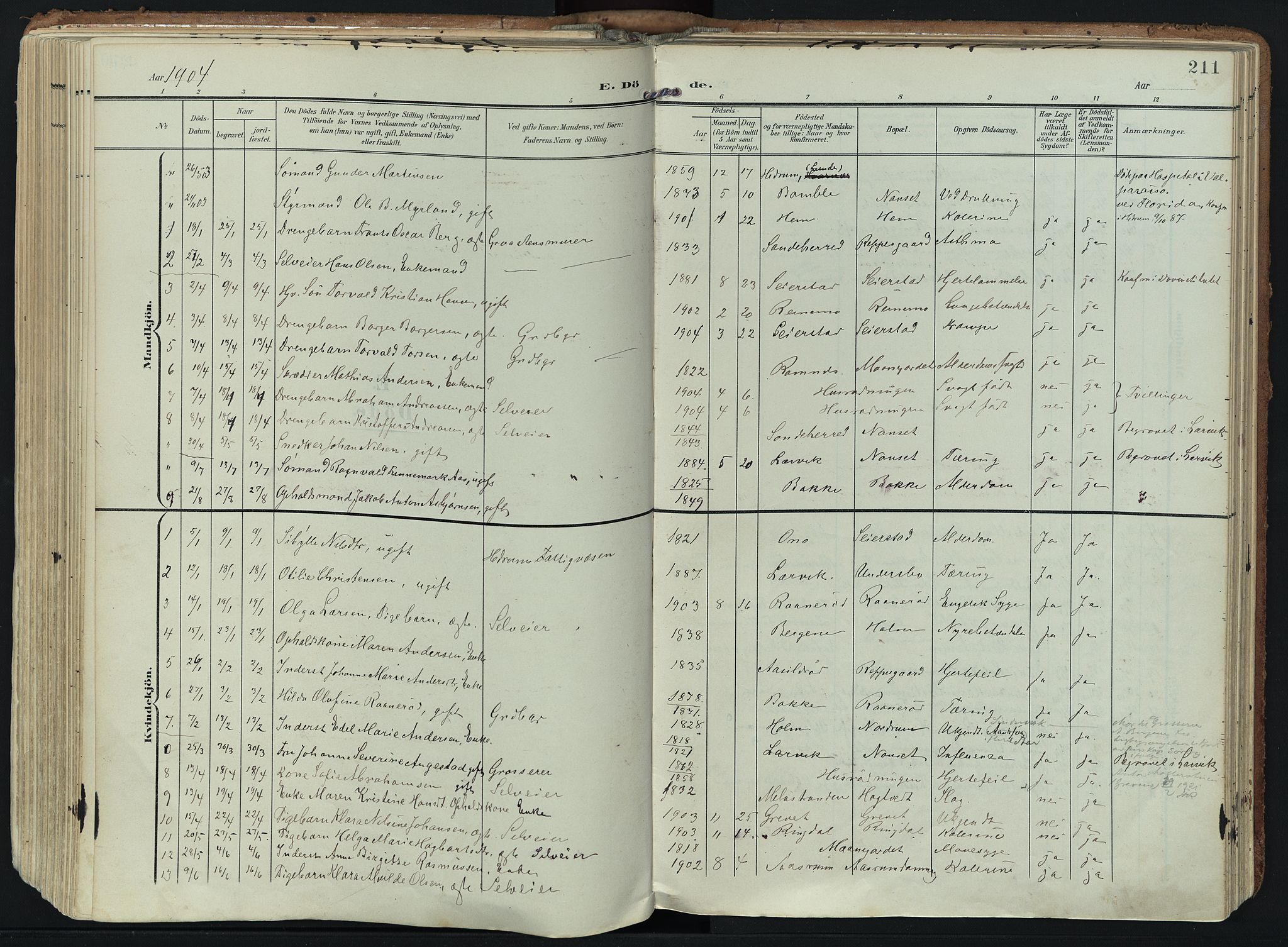Hedrum kirkebøker, SAKO/A-344/F/Fa/L0010: Parish register (official) no. I 10, 1904-1918, p. 211