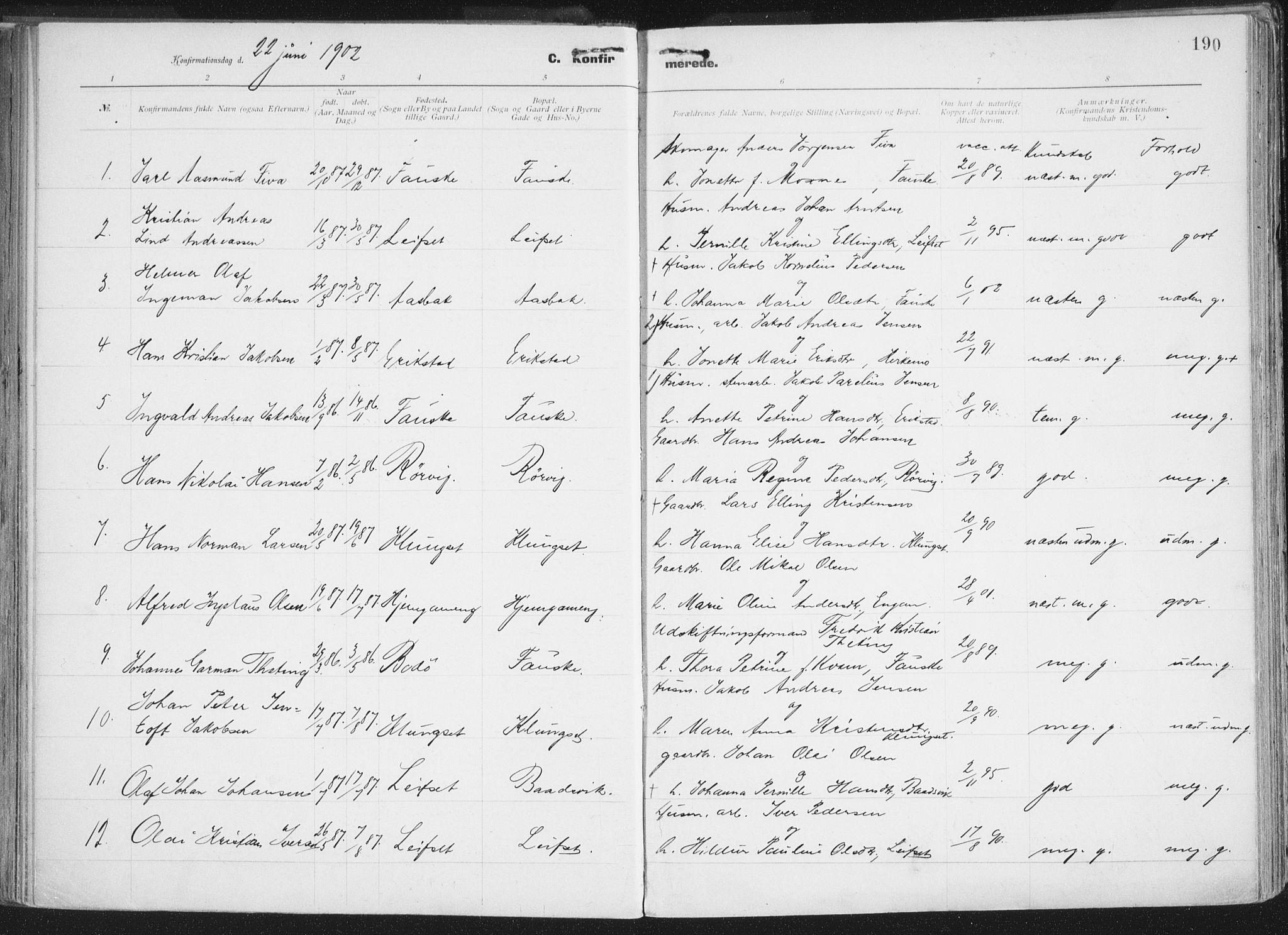 Ministerialprotokoller, klokkerbøker og fødselsregistre - Nordland, AV/SAT-A-1459/849/L0696: Parish register (official) no. 849A08, 1898-1910, p. 190