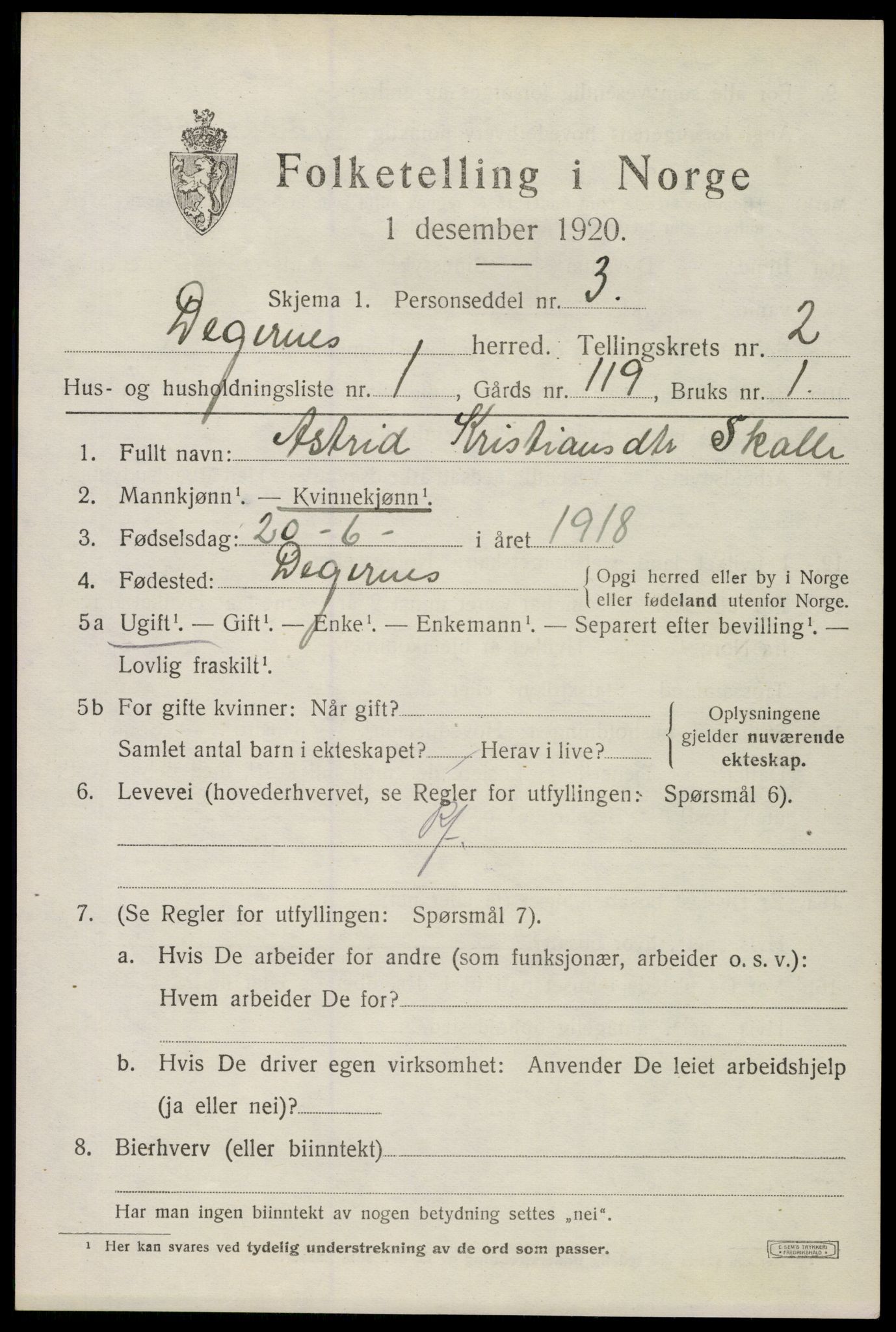 SAO, 1920 census for Degernes, 1920, p. 1530