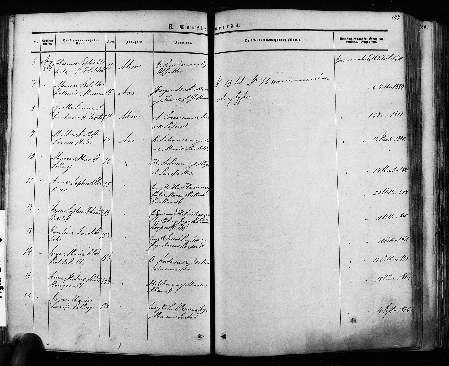 Ås prestekontor Kirkebøker, SAO/A-10894/F/Fa/L0007: Parish register (official) no. I 7, 1854-1870, p. 147
