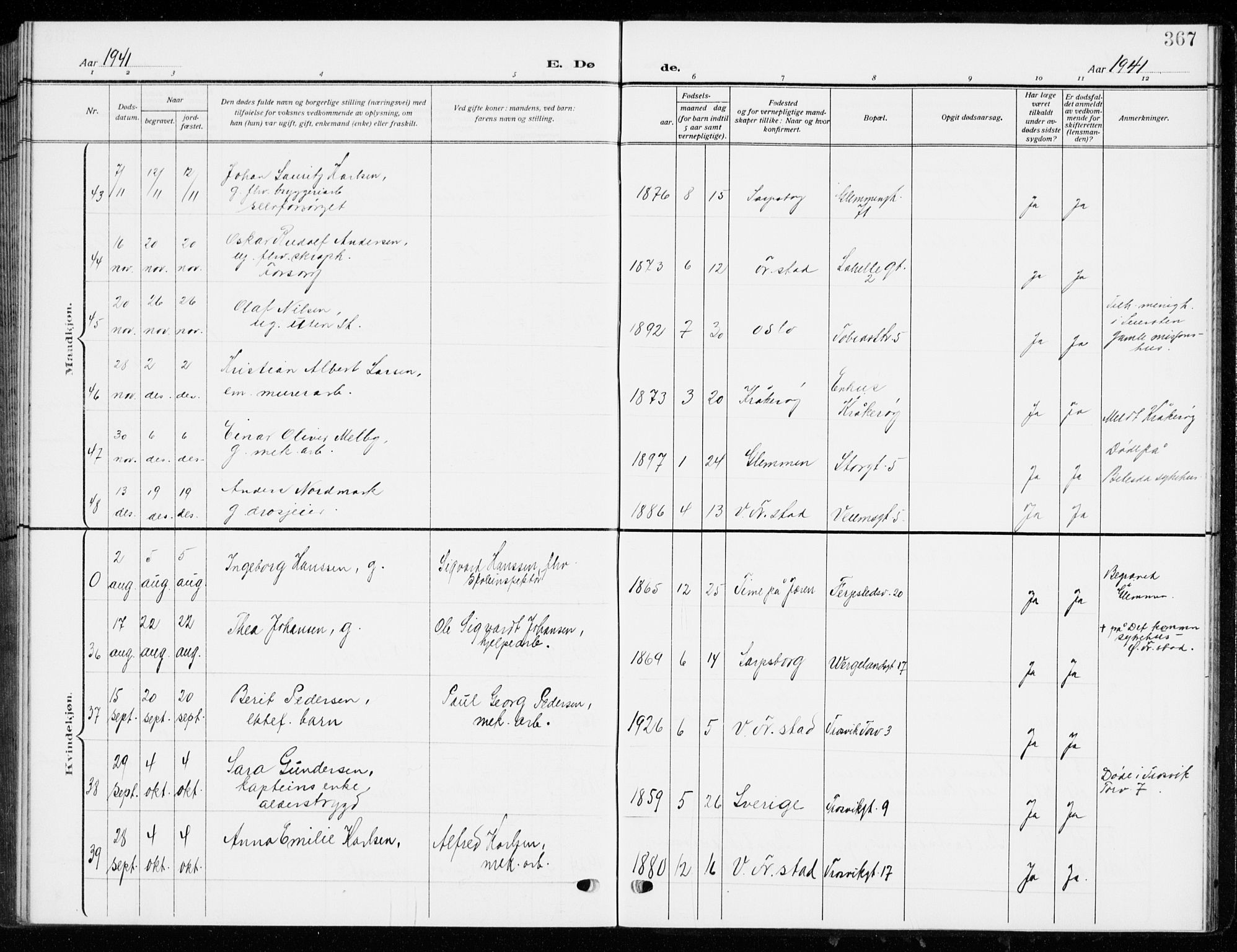 Fredrikstad domkirkes prestekontor Kirkebøker, AV/SAO-A-10906/G/Ga/L0004: Parish register (copy) no. 4, 1910-1944, p. 367