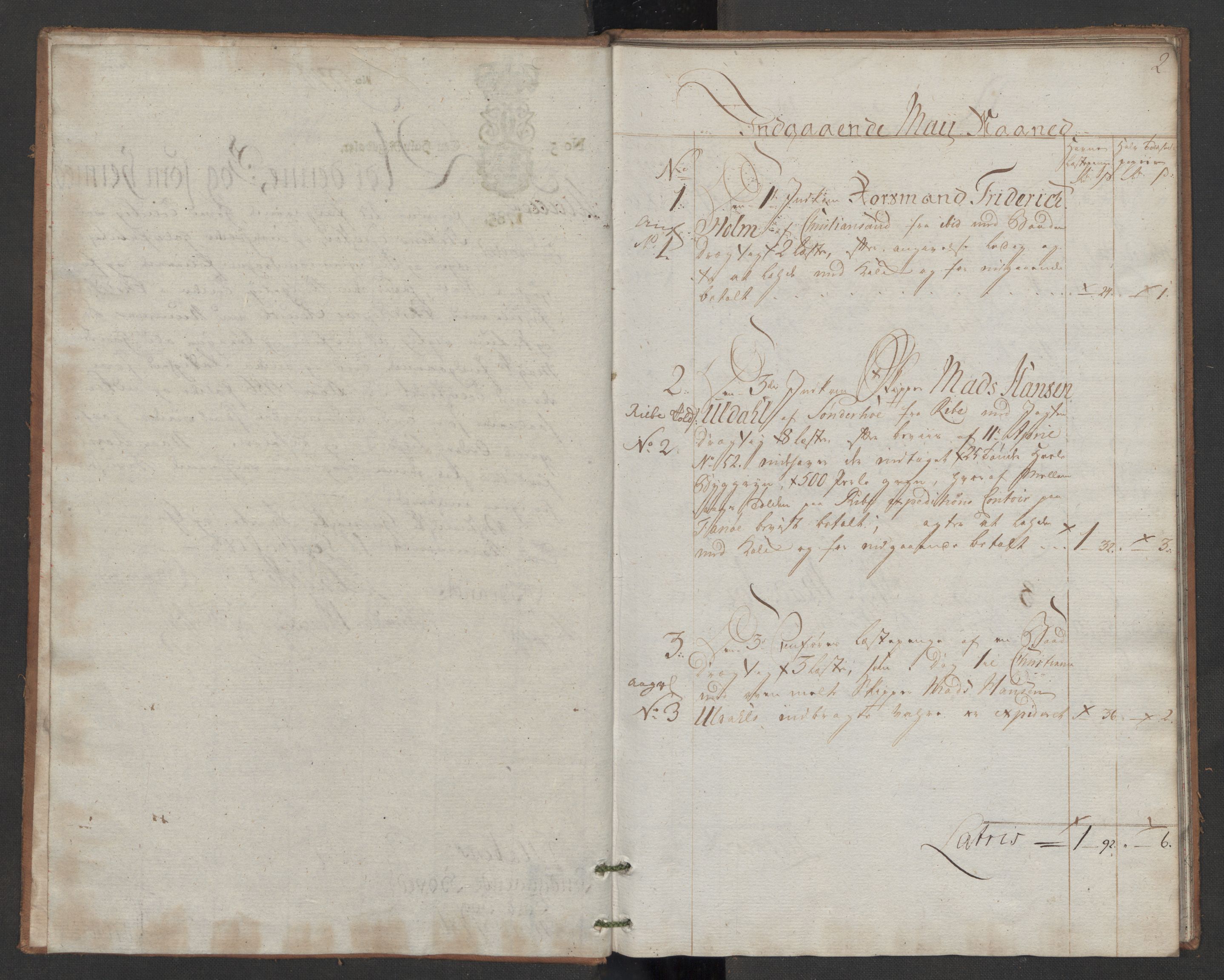 Generaltollkammeret, tollregnskaper, AV/RA-EA-5490/R06/L0165/0002: Tollregnskaper Kristiania / Inngående hovedtollbok Slependen, 1786, p. 1b-2a